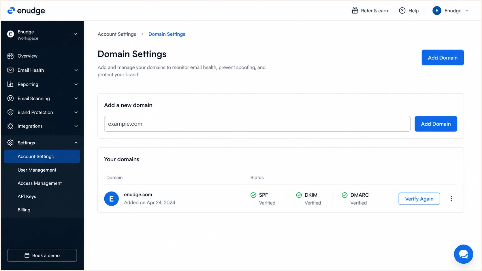Enudge domain settings with authentication status controls