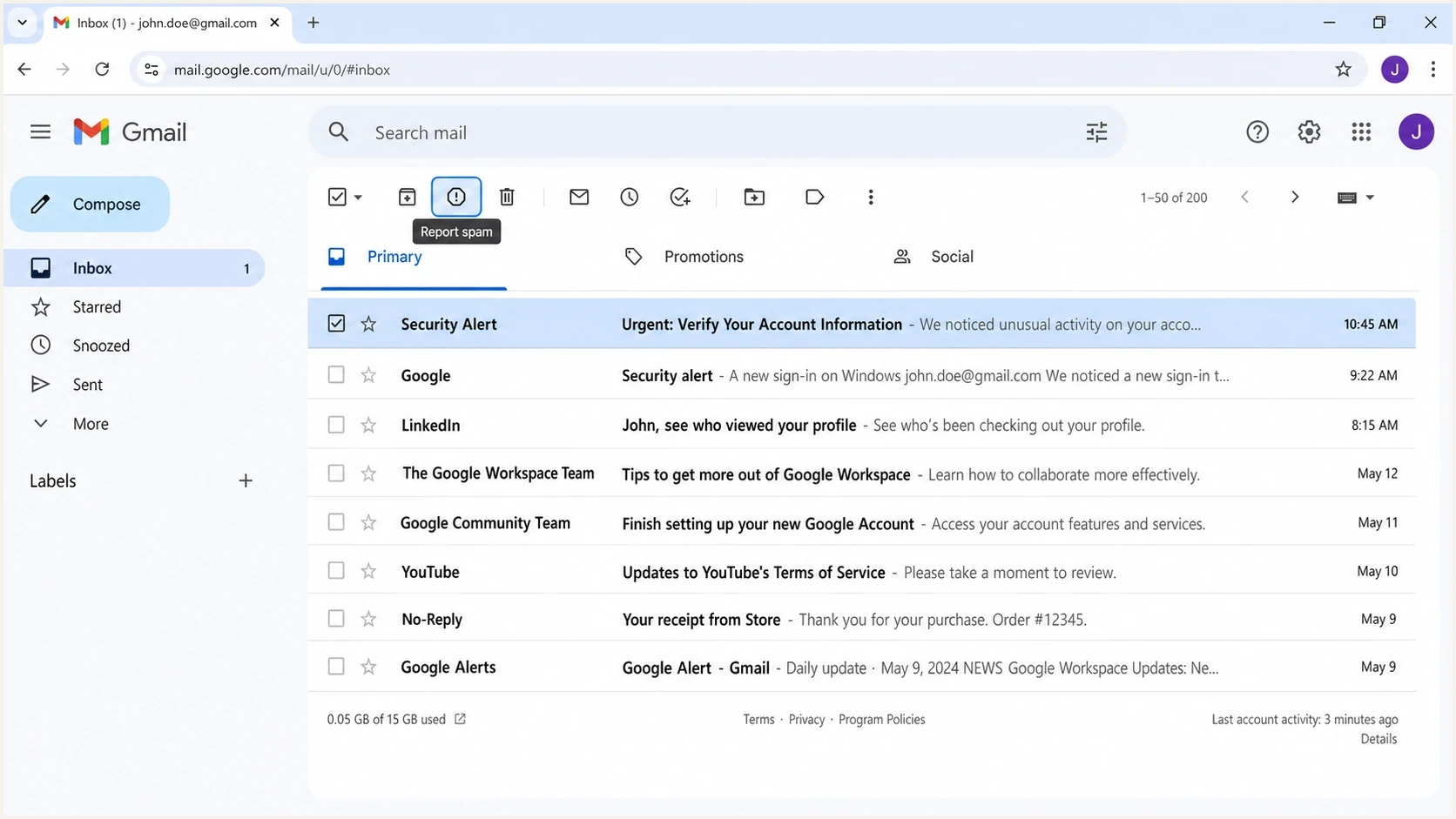 Gmail screenshot showing where to report an unwanted message.