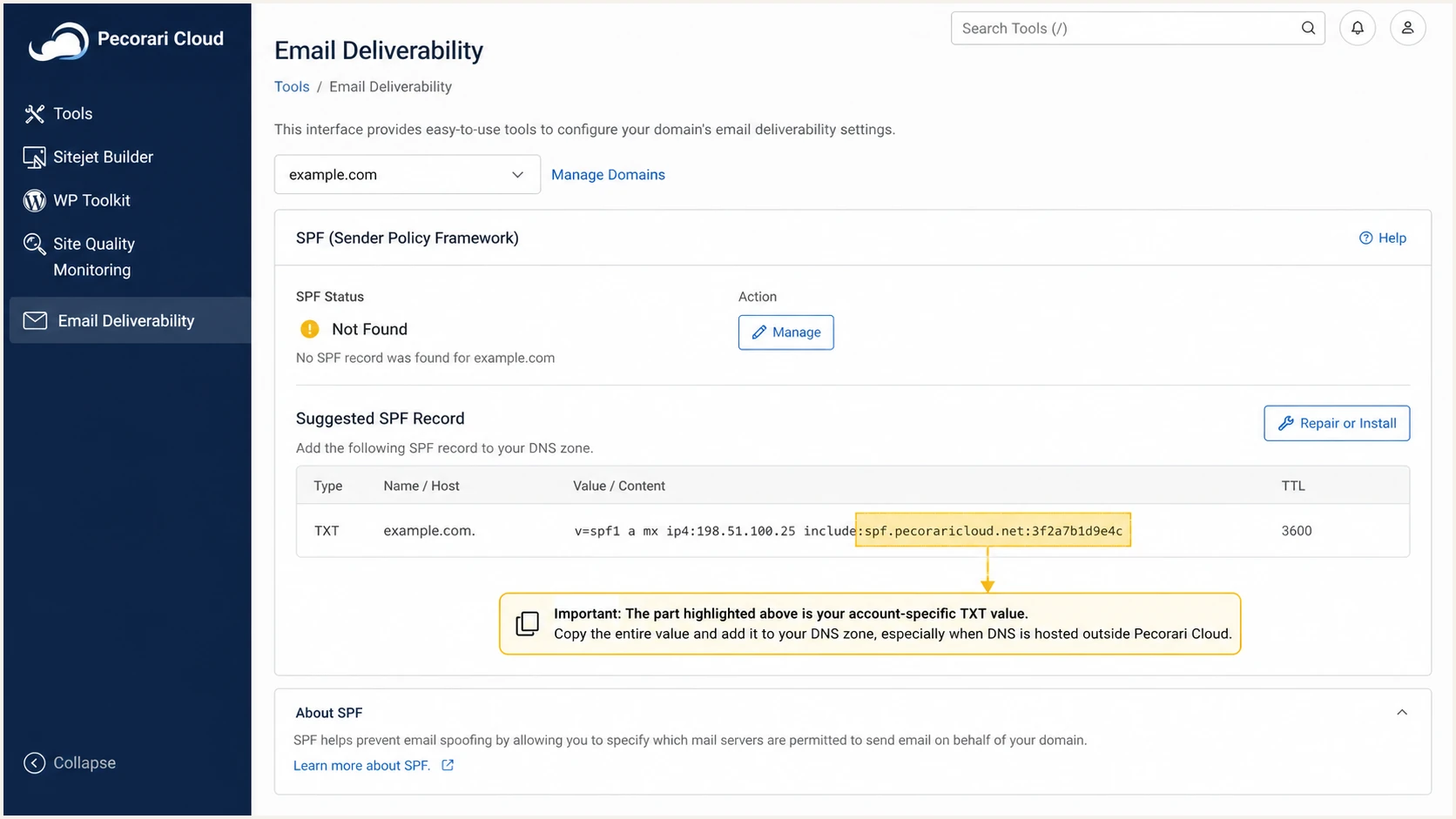 Pecorari Cloud cPanel Email Deliverability SPF controls