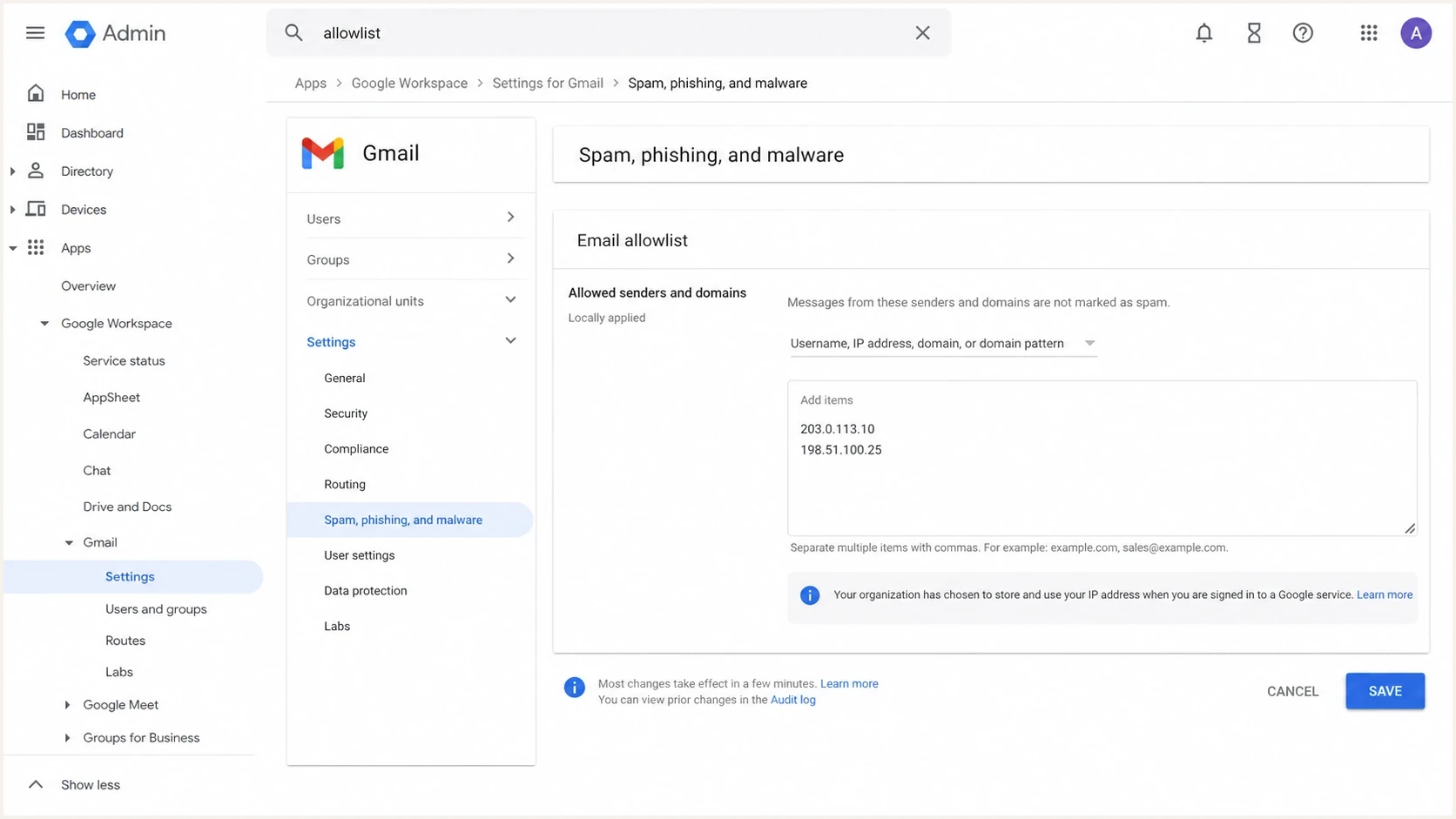 Google Workspace Admin console showing Gmail email allowlist controls.
