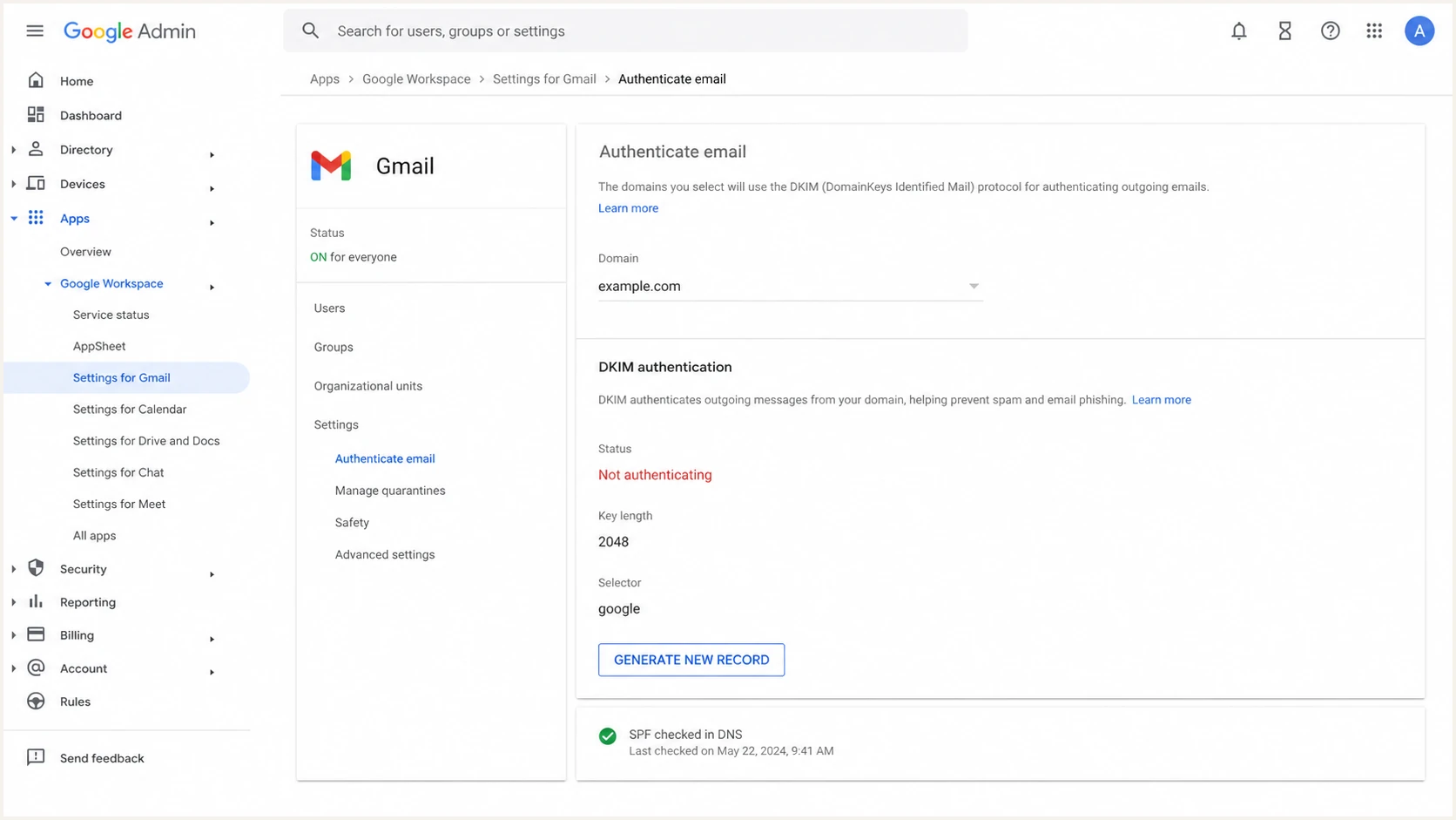 Google Admin console screen showing Gmail authentication settings for DKIM.