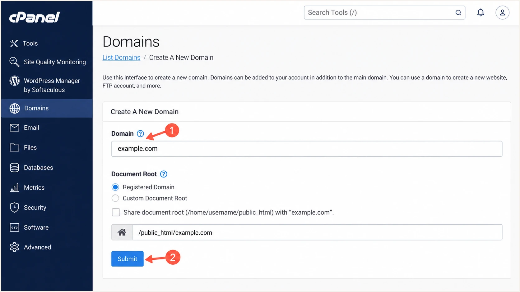 Illustration of adding a domain to cPanel for XeonBD hosting.