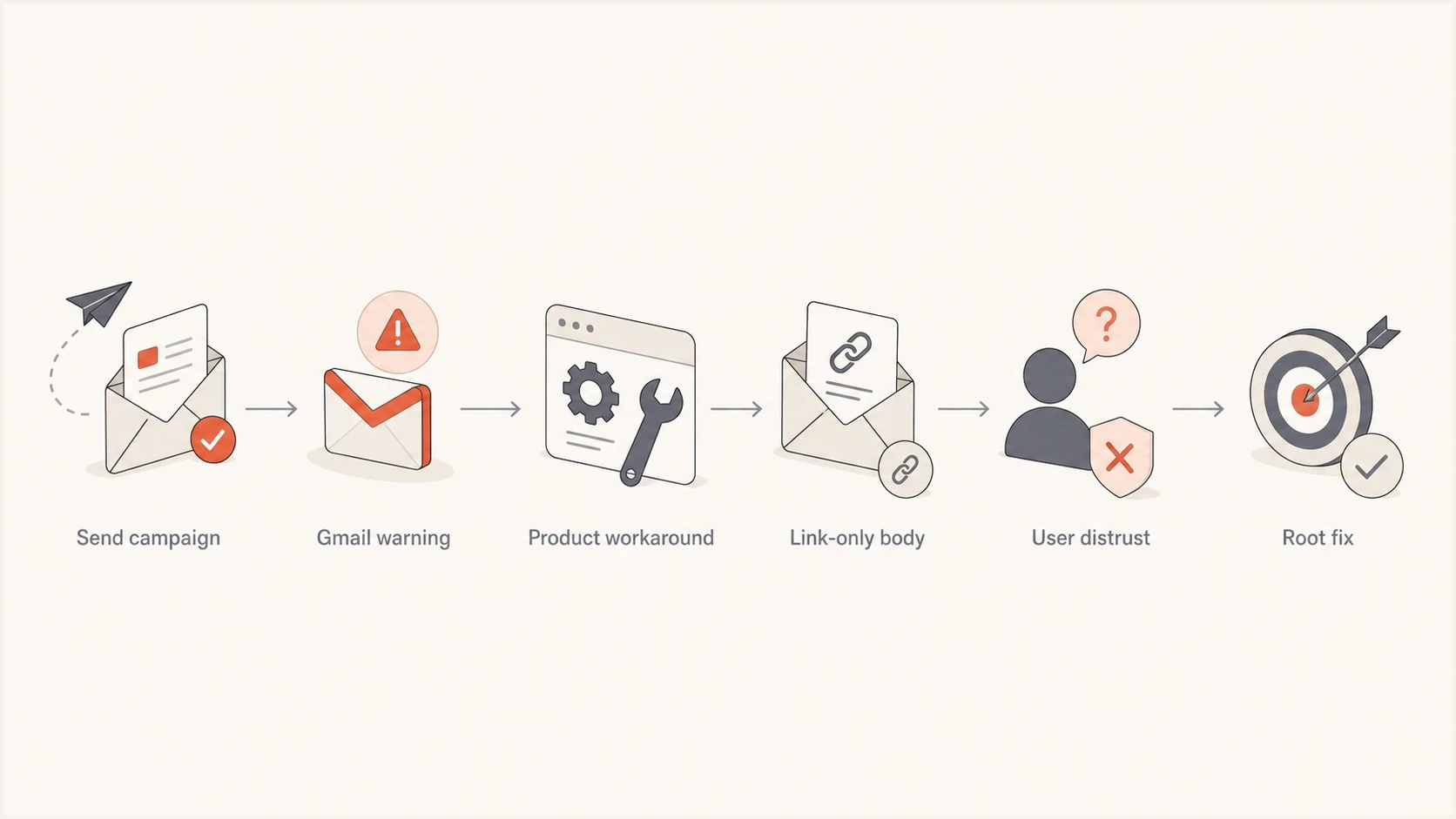 Flowchart showing how a Gmail warning can lead to a poor link-only workaround.