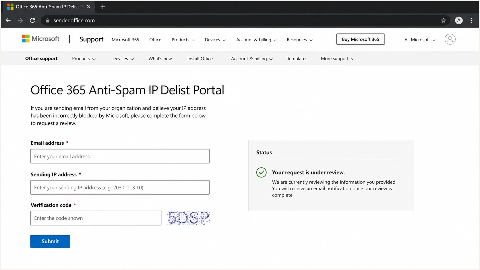 Microsoft delist portal form for a blocked sending IP.