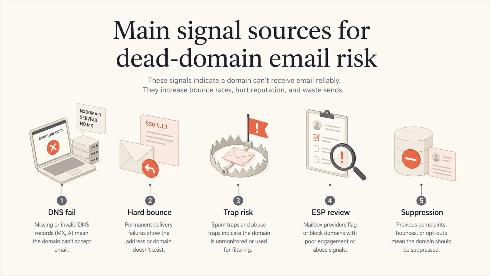 Infographic showing dead-domain risk signals.
