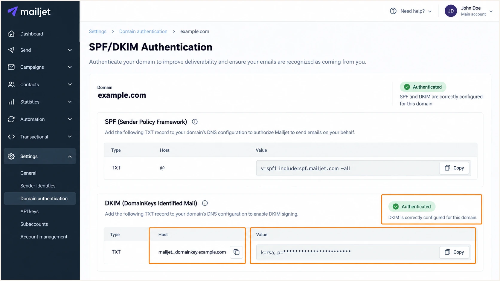 Illustration of Mailjet's DKIM TXT host and public-key value.