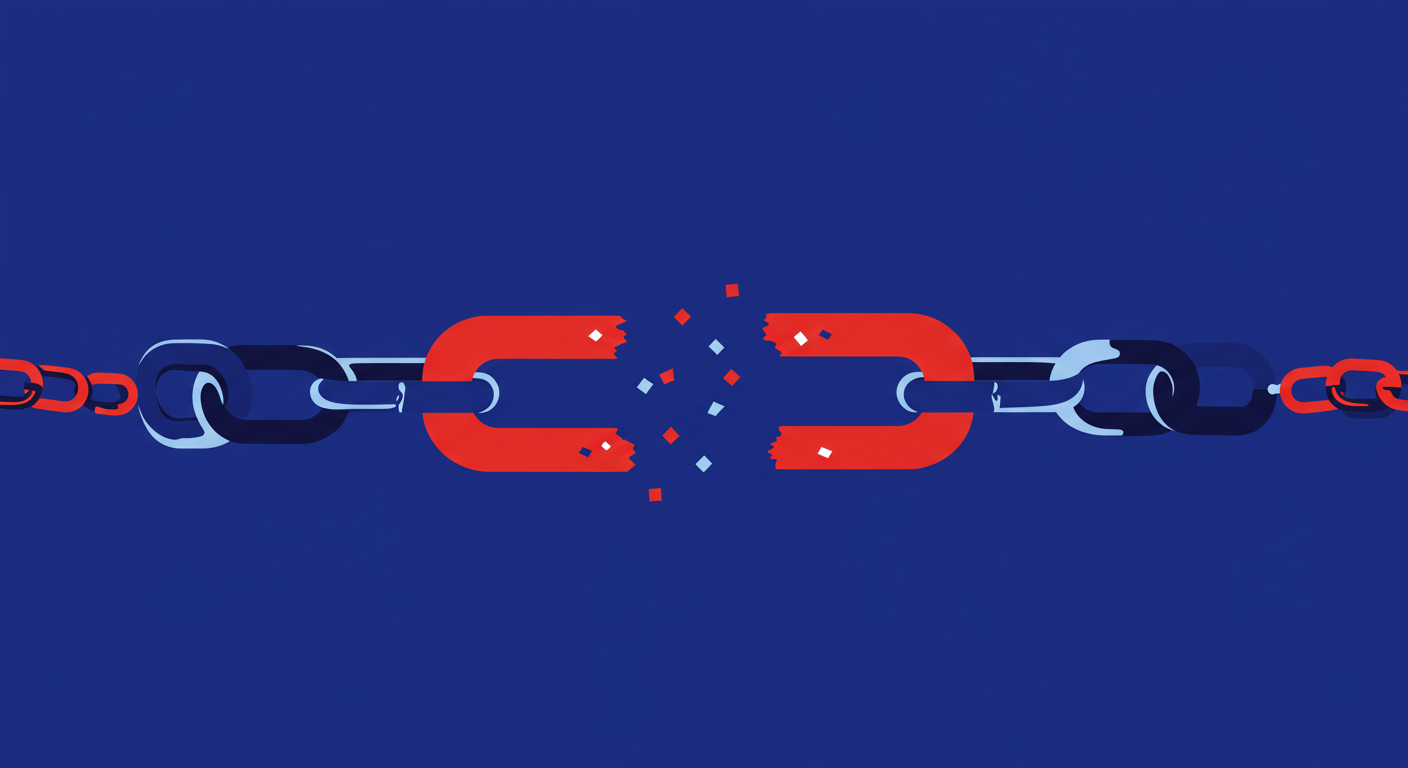 A minimalist retro illustration of a chain with a broken link in the middle, symbolizing a failure or a broken connection. The style of the images should be A minimalist retro illustration in the style of Malika Favre. Dominant colors are bright poppy red and deep royal blue. Vector art, high contrast. Do not put any words in the image or alphanumeric characters.