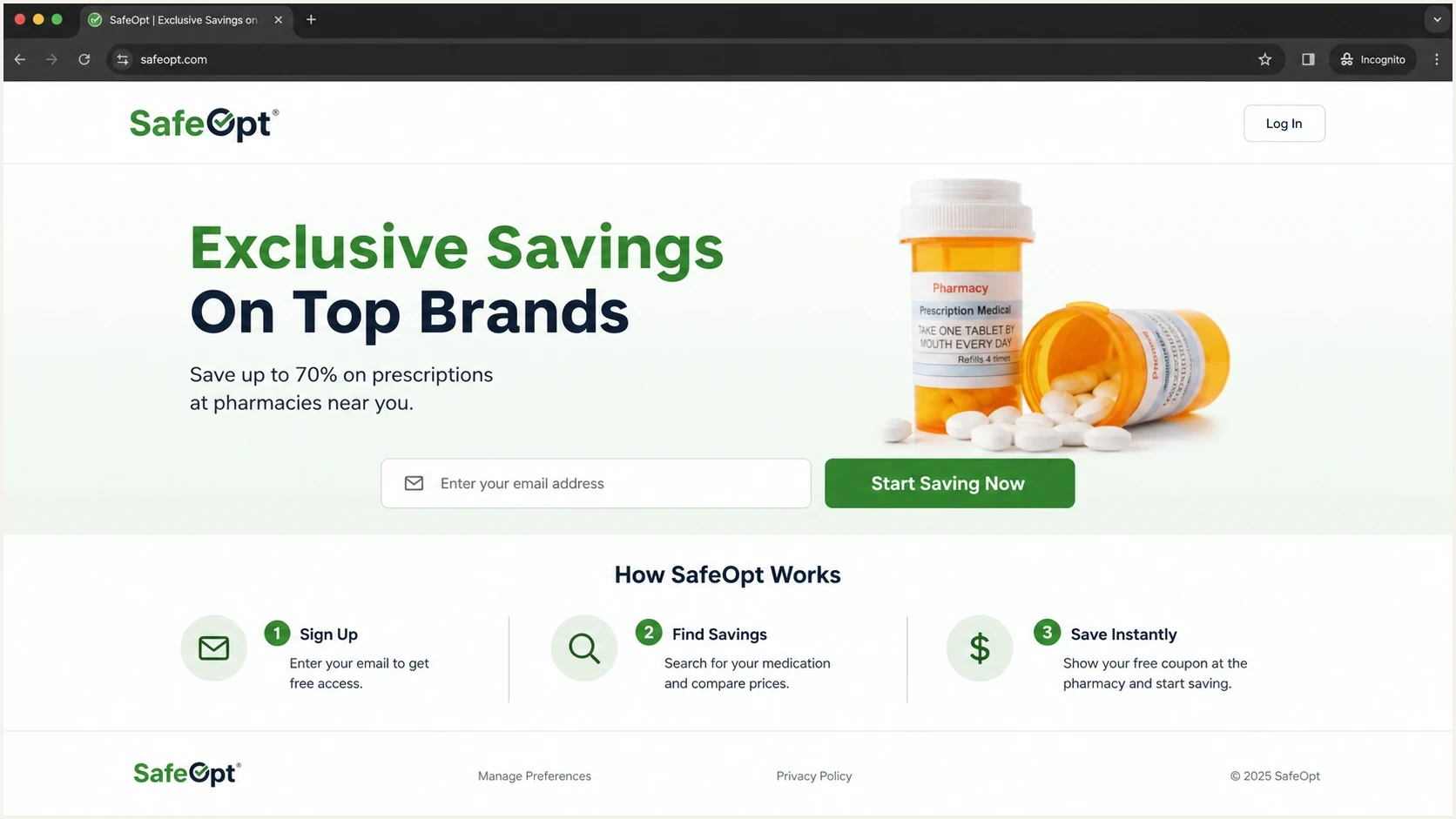 Screenshot-style view of the SafeOpt homepage with email signup and preference links.