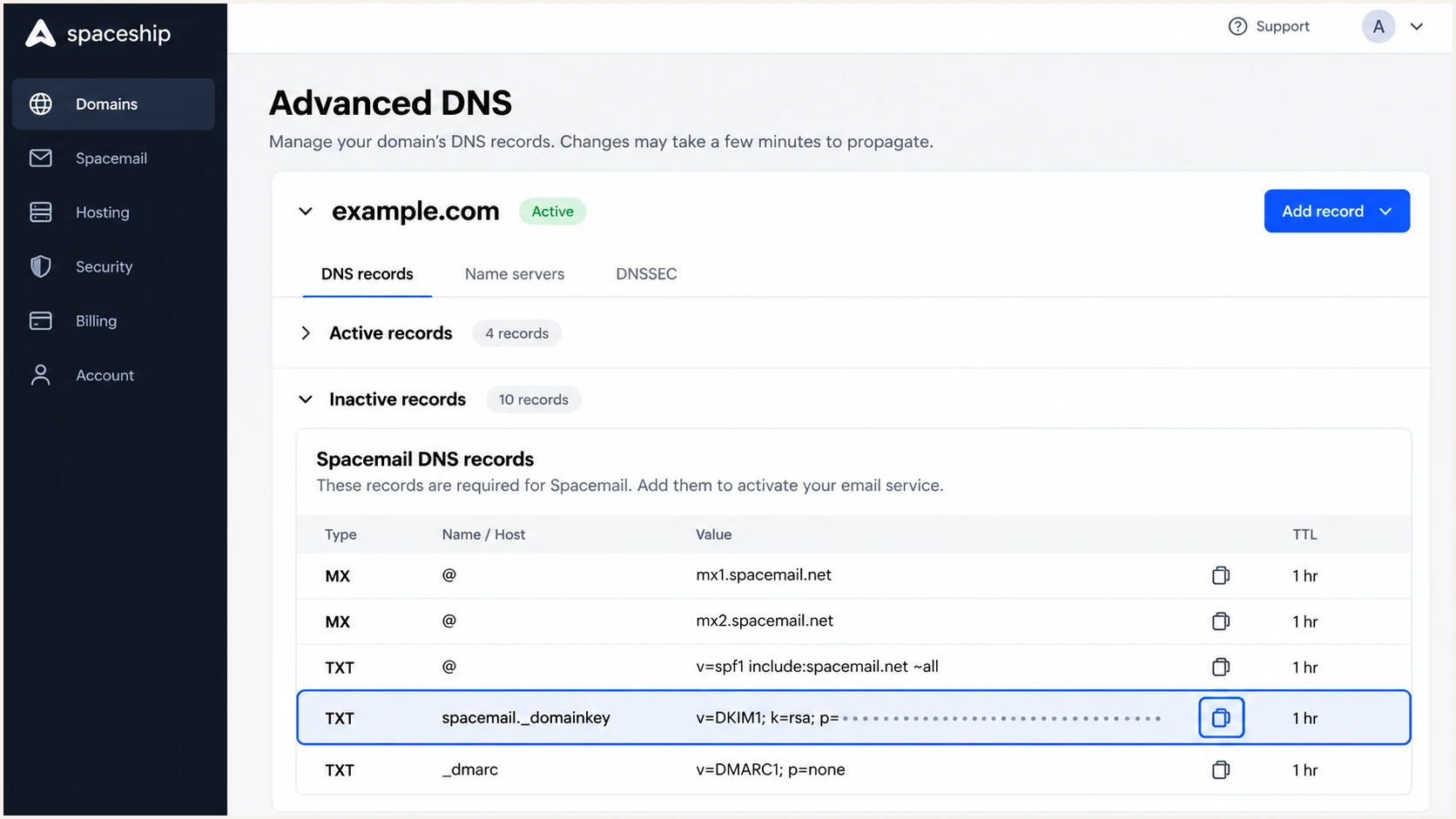 Find the domain-specific Spacemail DKIM TXT value in Advanced DNS.