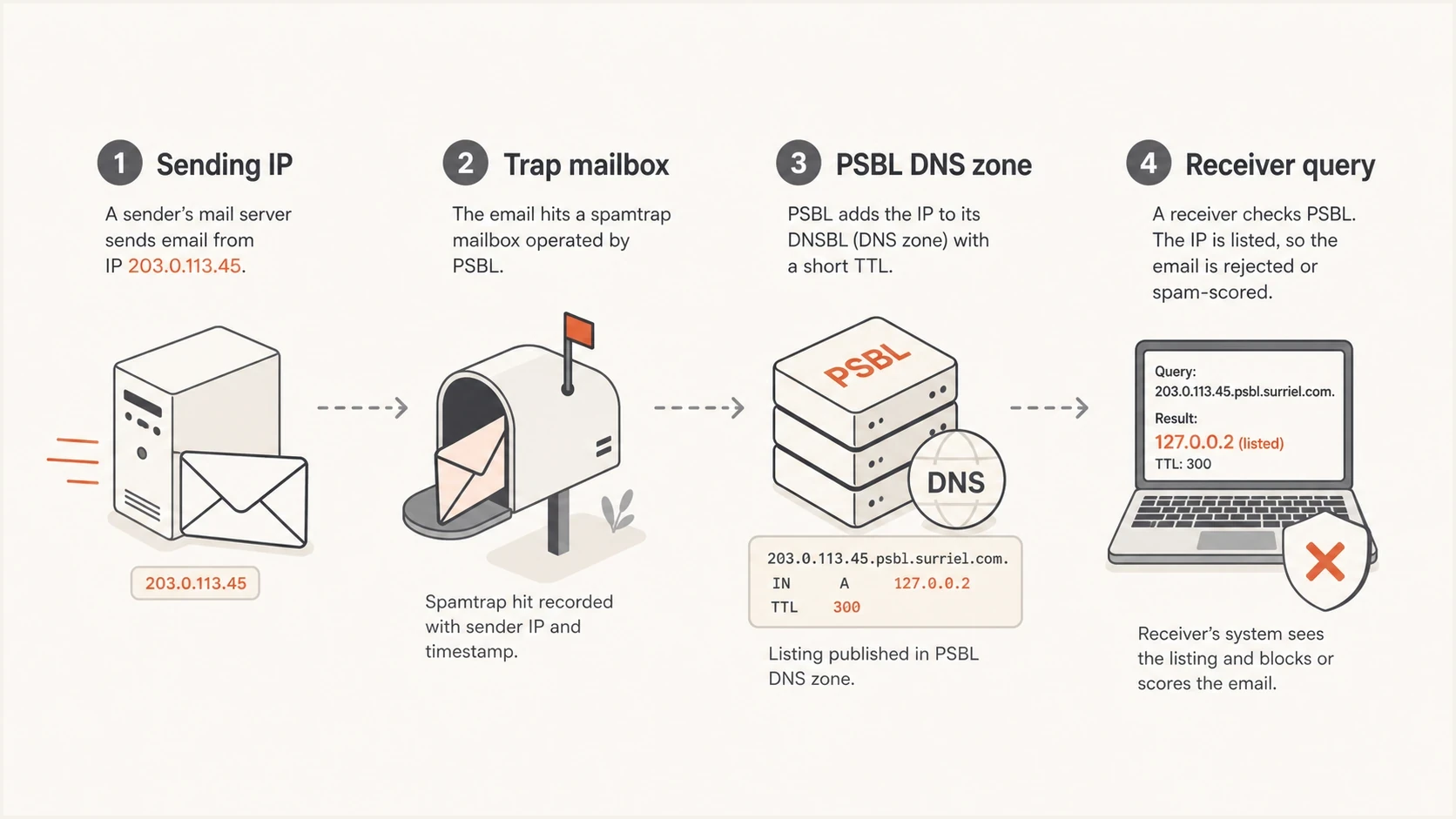 Infographic showing a sending IP hitting a spamtrap, PSBL listing the IP, and a receiver querying the DNSBL.