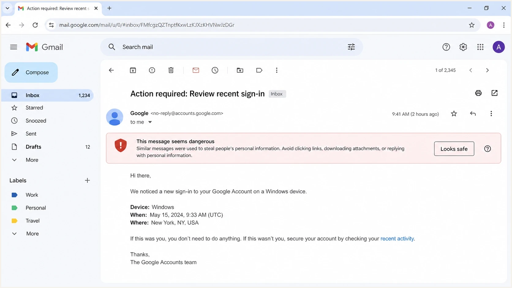 Gmail opened email showing the This message seems dangerous warning above the message body.