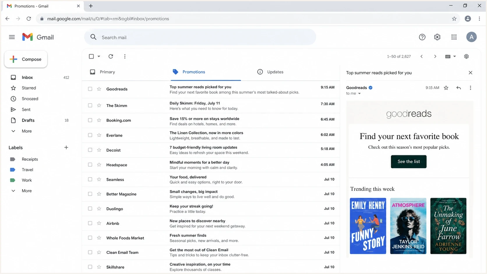 Gmail inbox screenshot showing the Promotions tab selected with newsletter emails listed.
