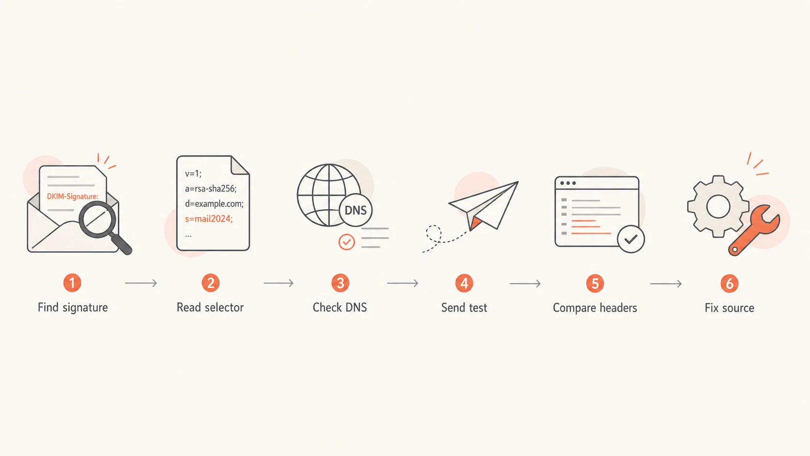 A DKIM troubleshooting flow from signature capture to fixing the source.