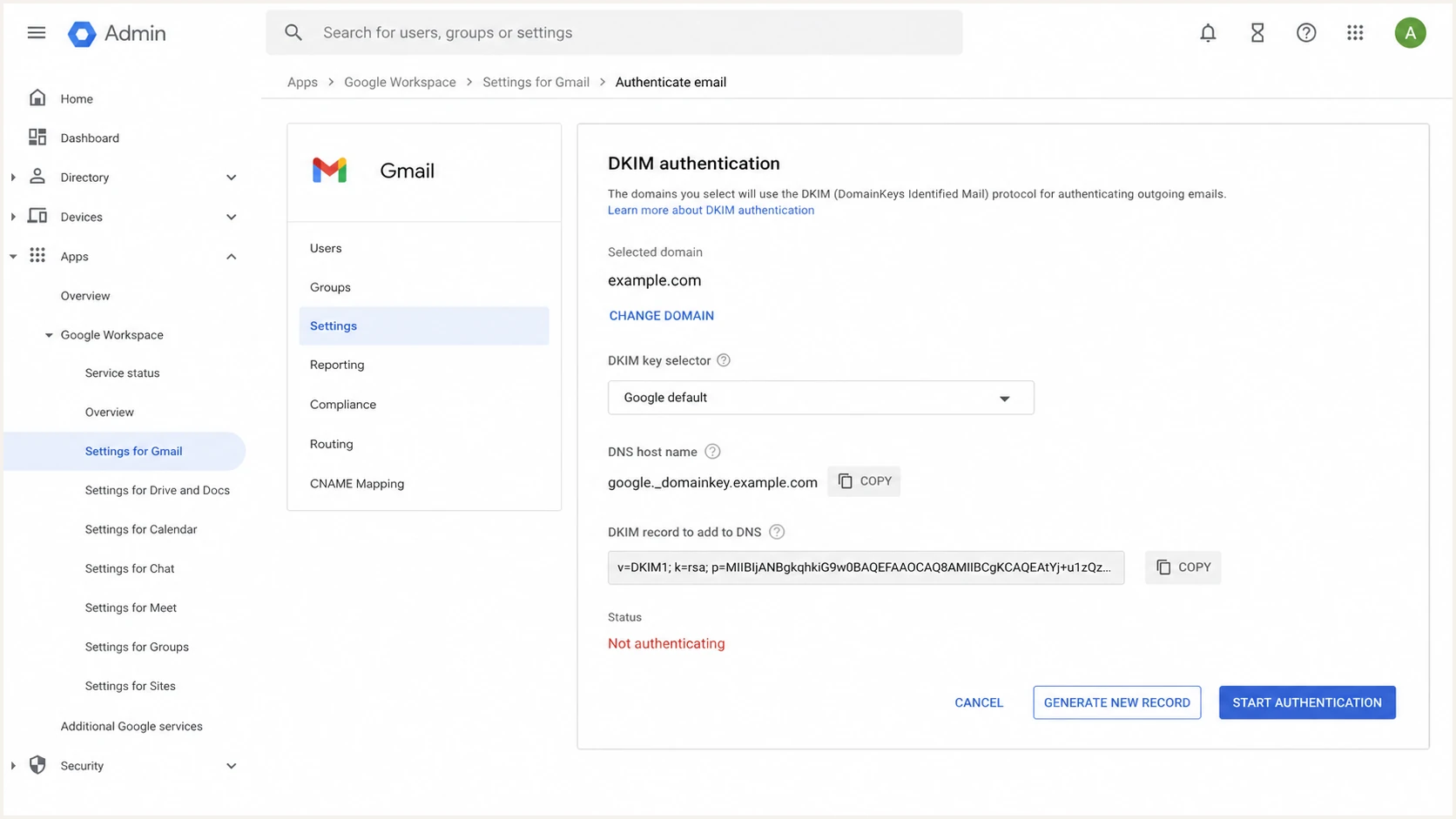 Google Admin console DKIM authentication screen with selector and record generation controls.