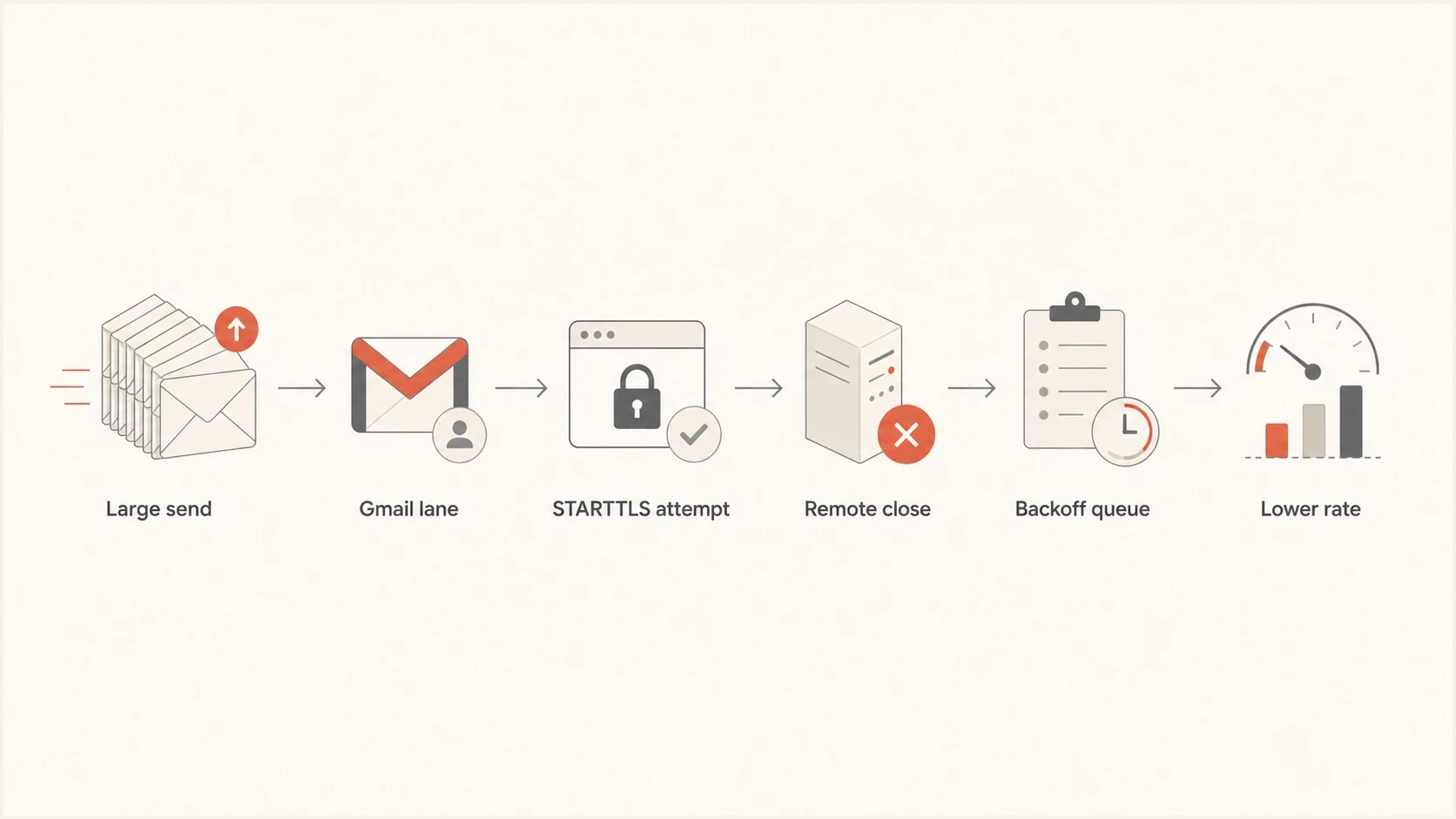 Flowchart showing large Gmail sends moving into STARTTLS failure and backoff