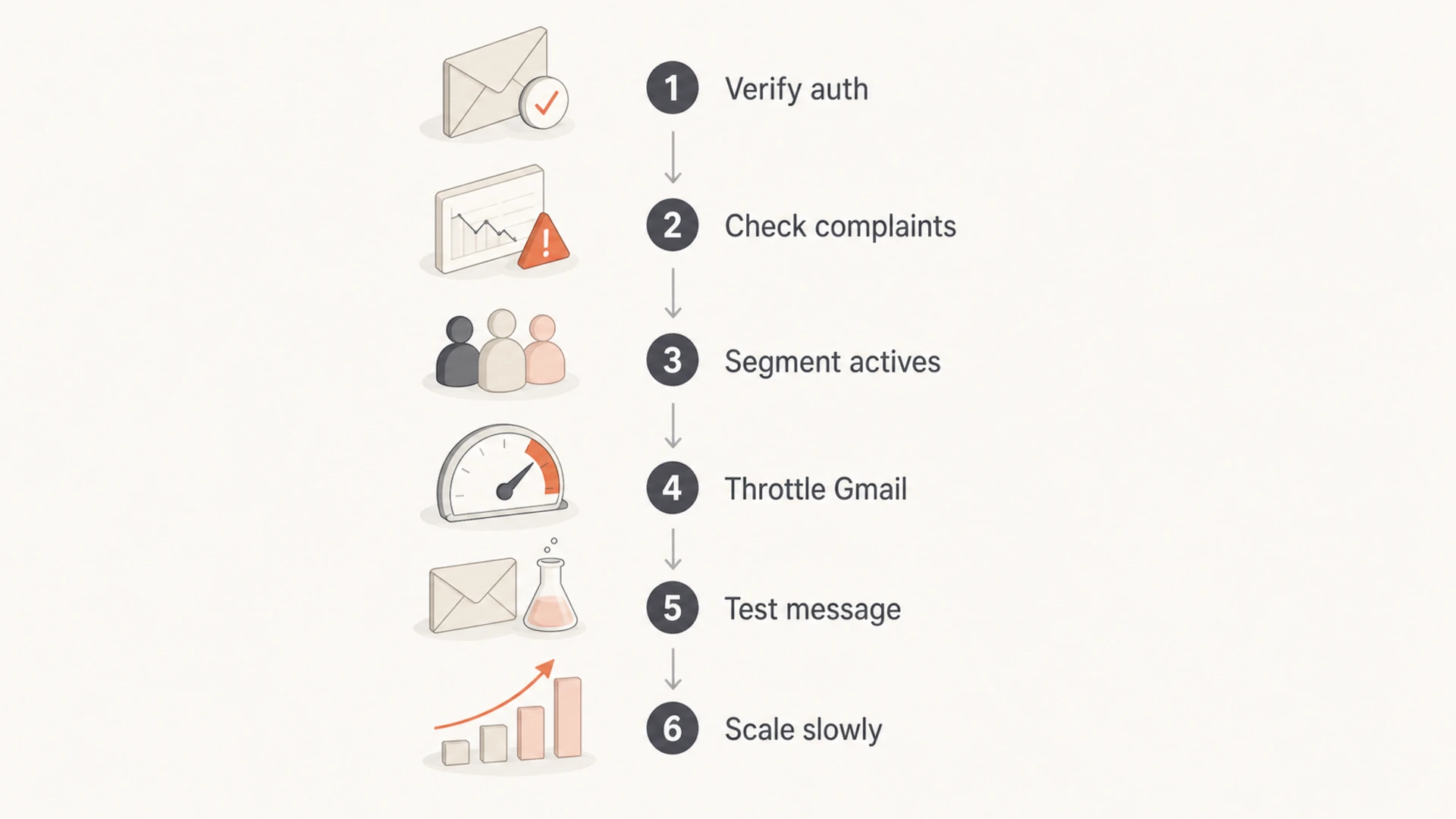 Flowchart showing a Gmail inbox placement diagnosis sequence.