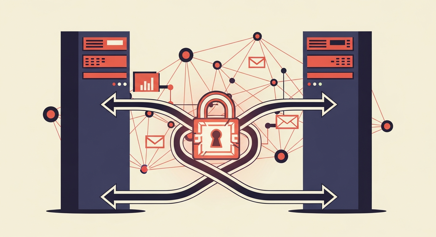 Two mail servers connected by a secure, encrypted link with a padlock icon.