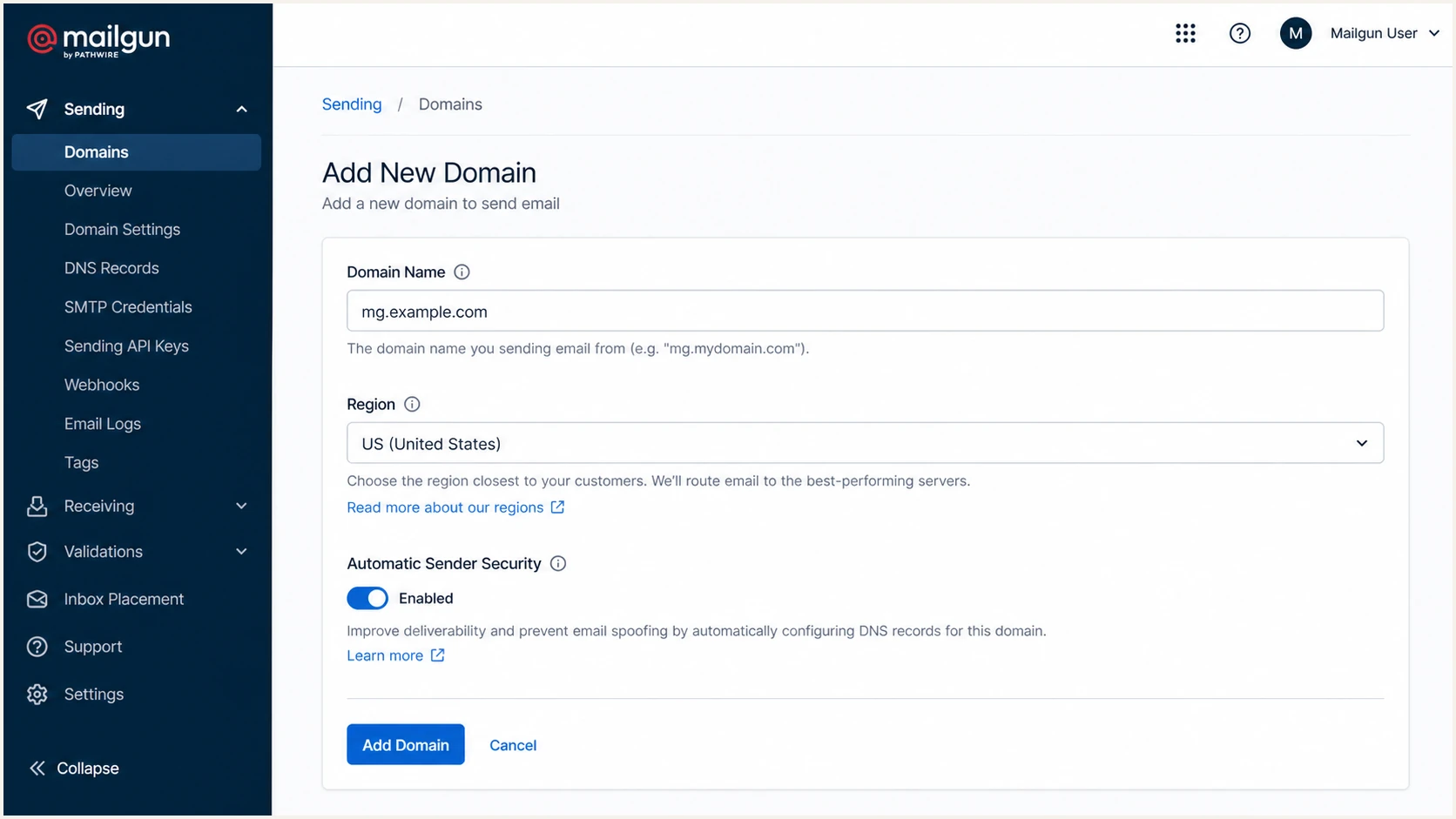 Mailgun Add New Domain form for mg.example.com