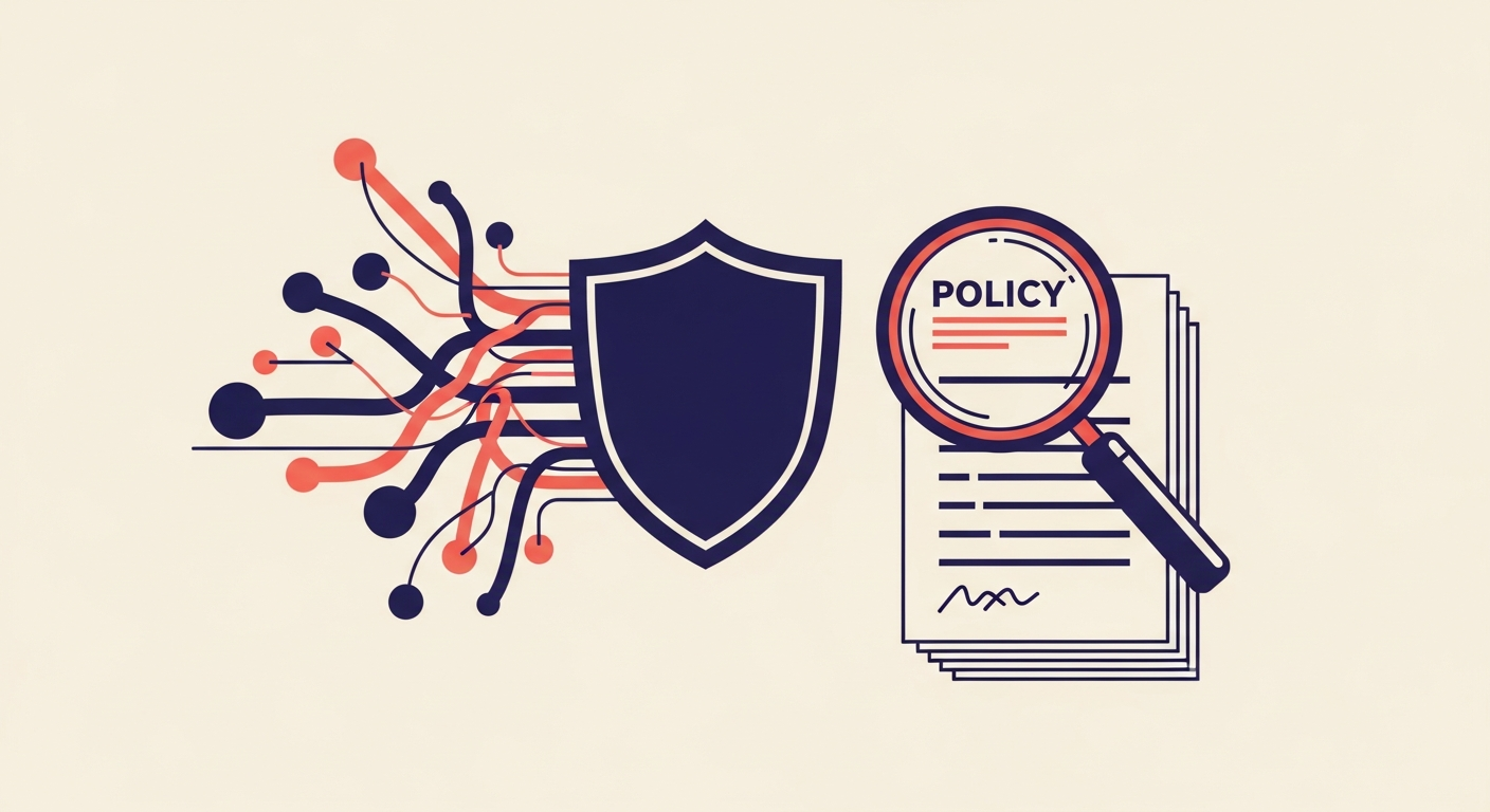 An illustration of secure email connections being verified by a policy document and magnifying glass.
