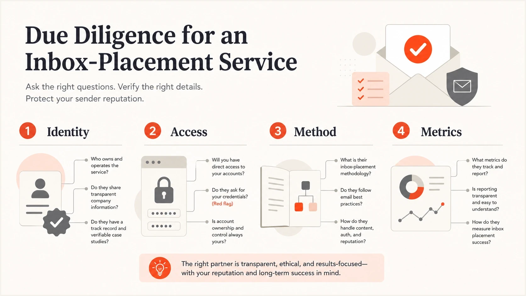 Four due-diligence checks for evaluating an inbox-placement service.
