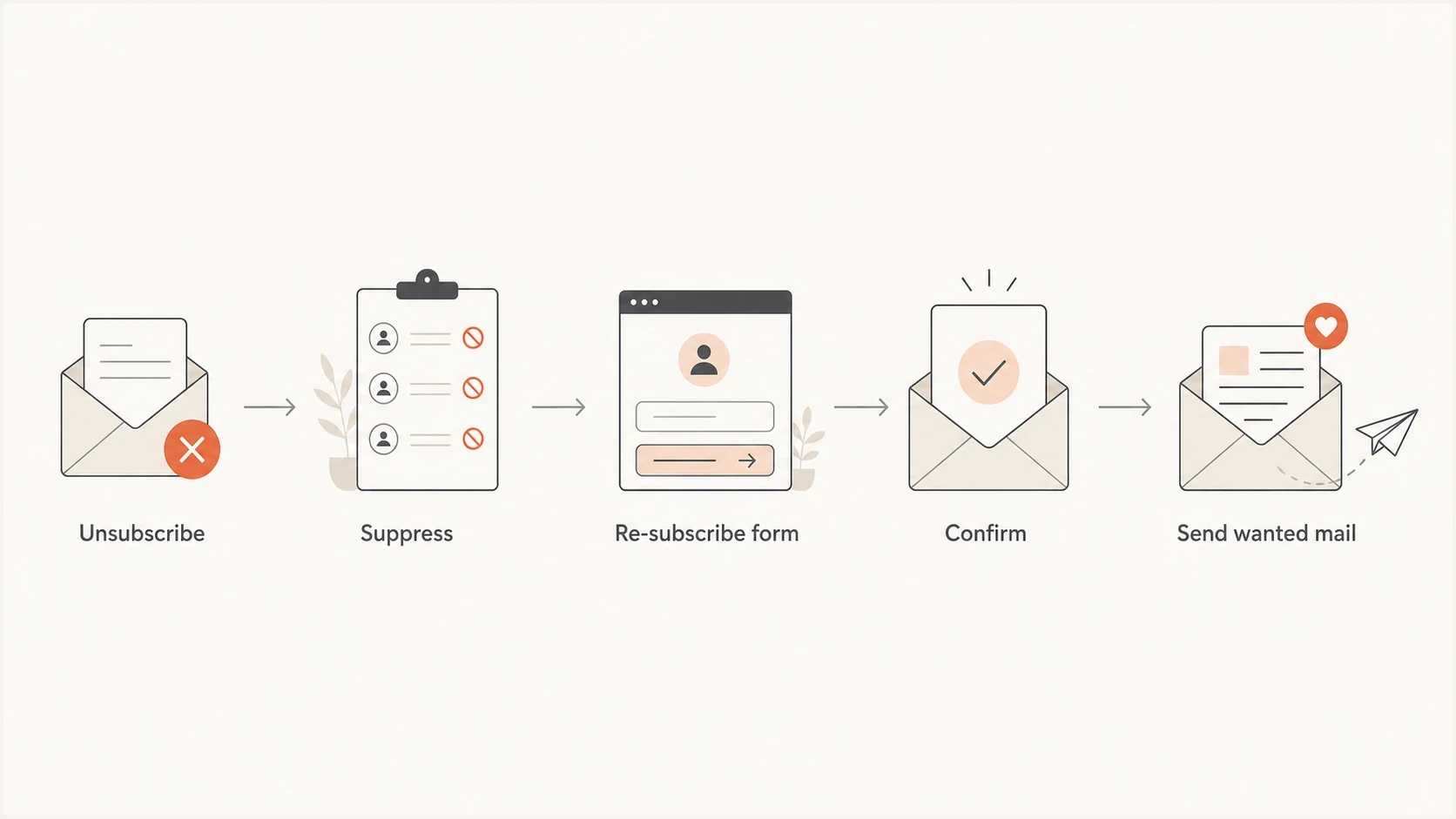 Flowchart showing unsubscribe, suppression, re-subscribe form, confirmation, and sending wanted mail.