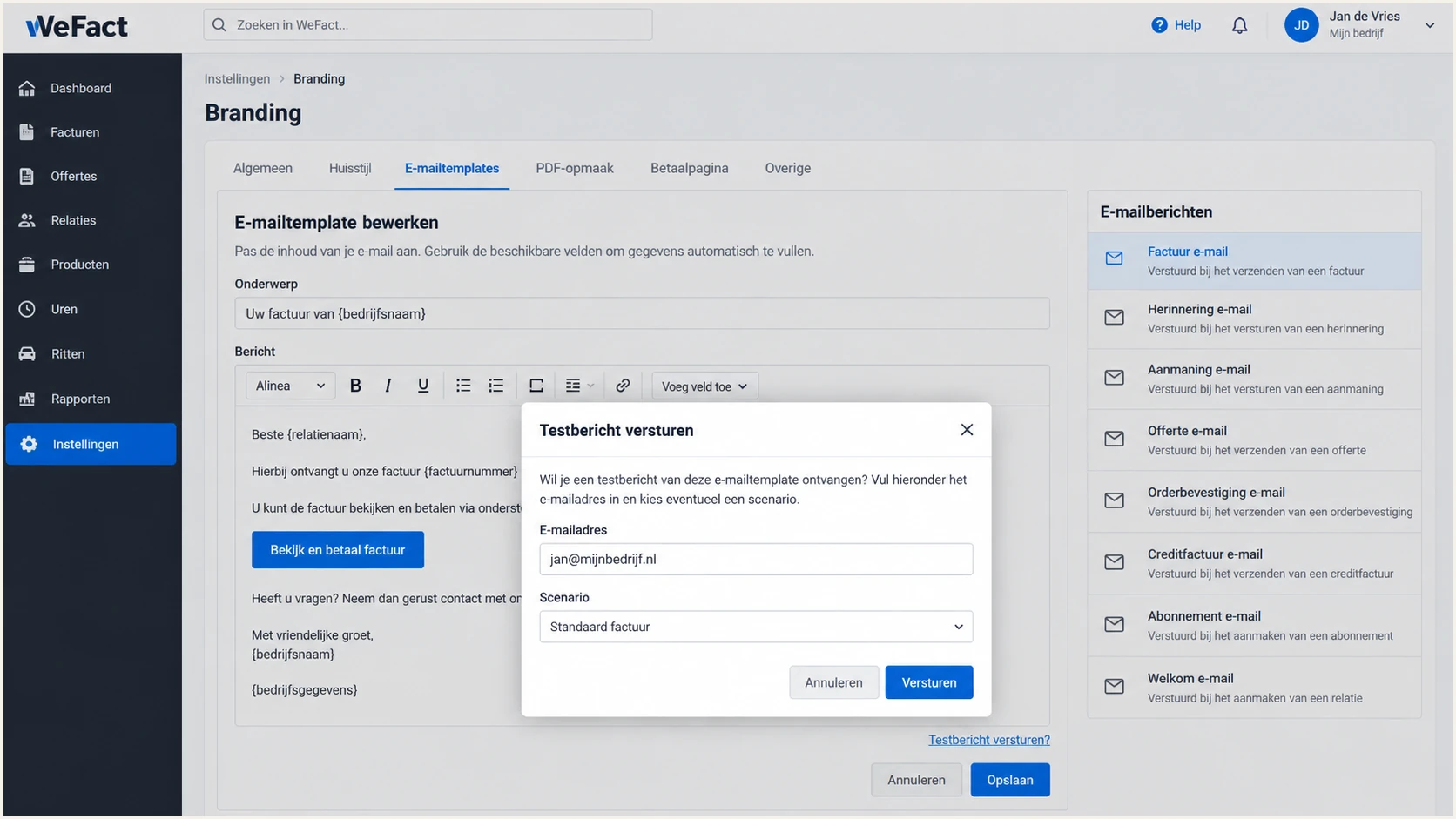 WeFact invoice email template with the test-message action.