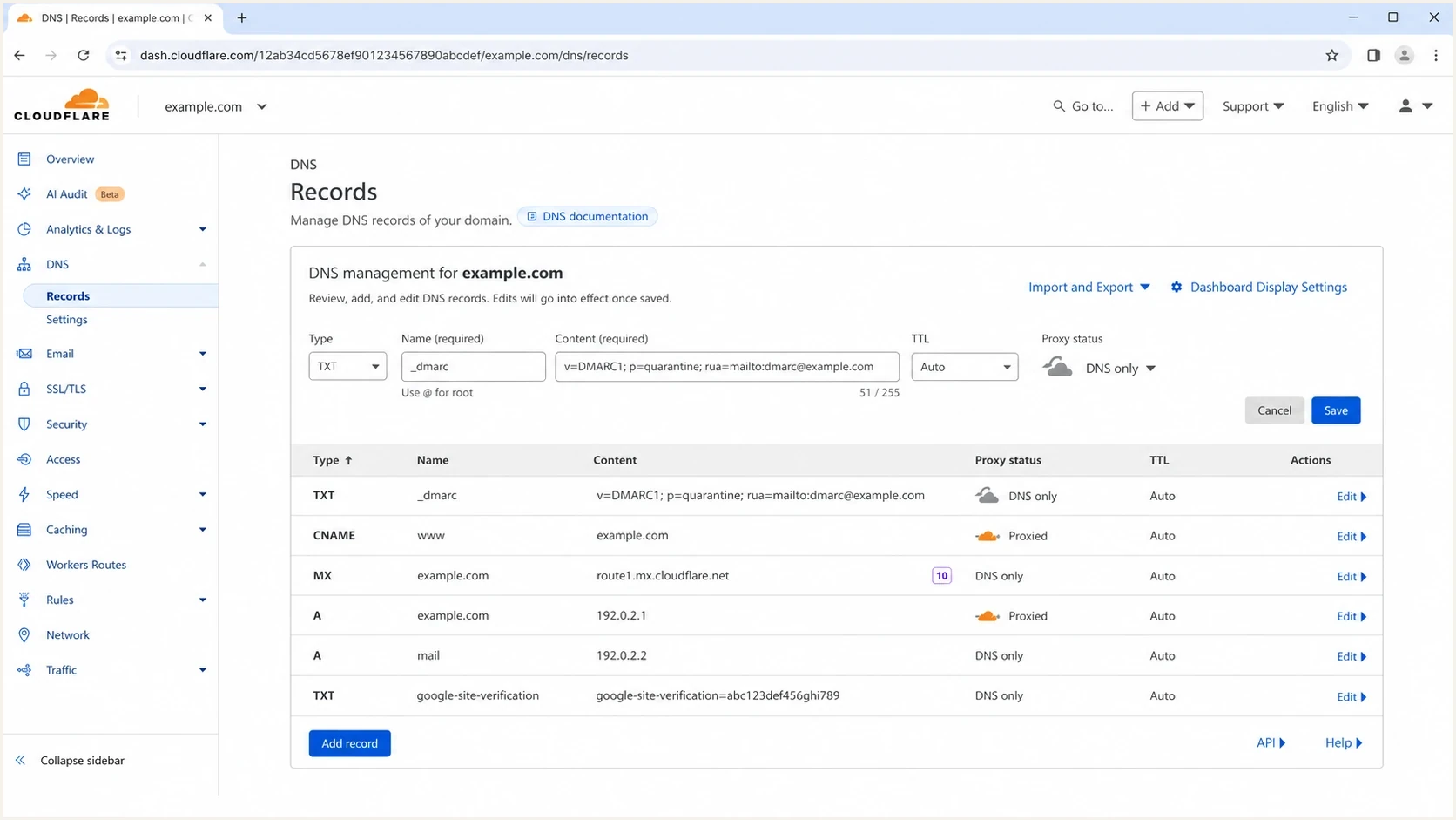 Cloudflare DNS admin screen showing a DMARC TXT record being added.