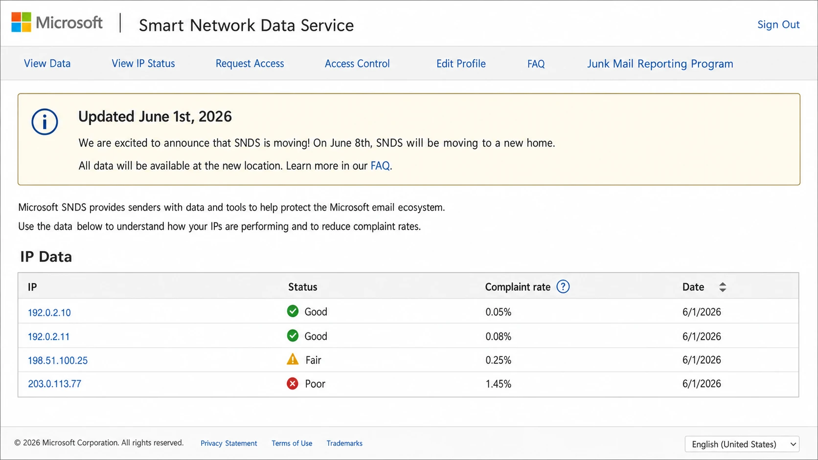 Mock screenshot of the Microsoft Smart Network Data Services portal layout.