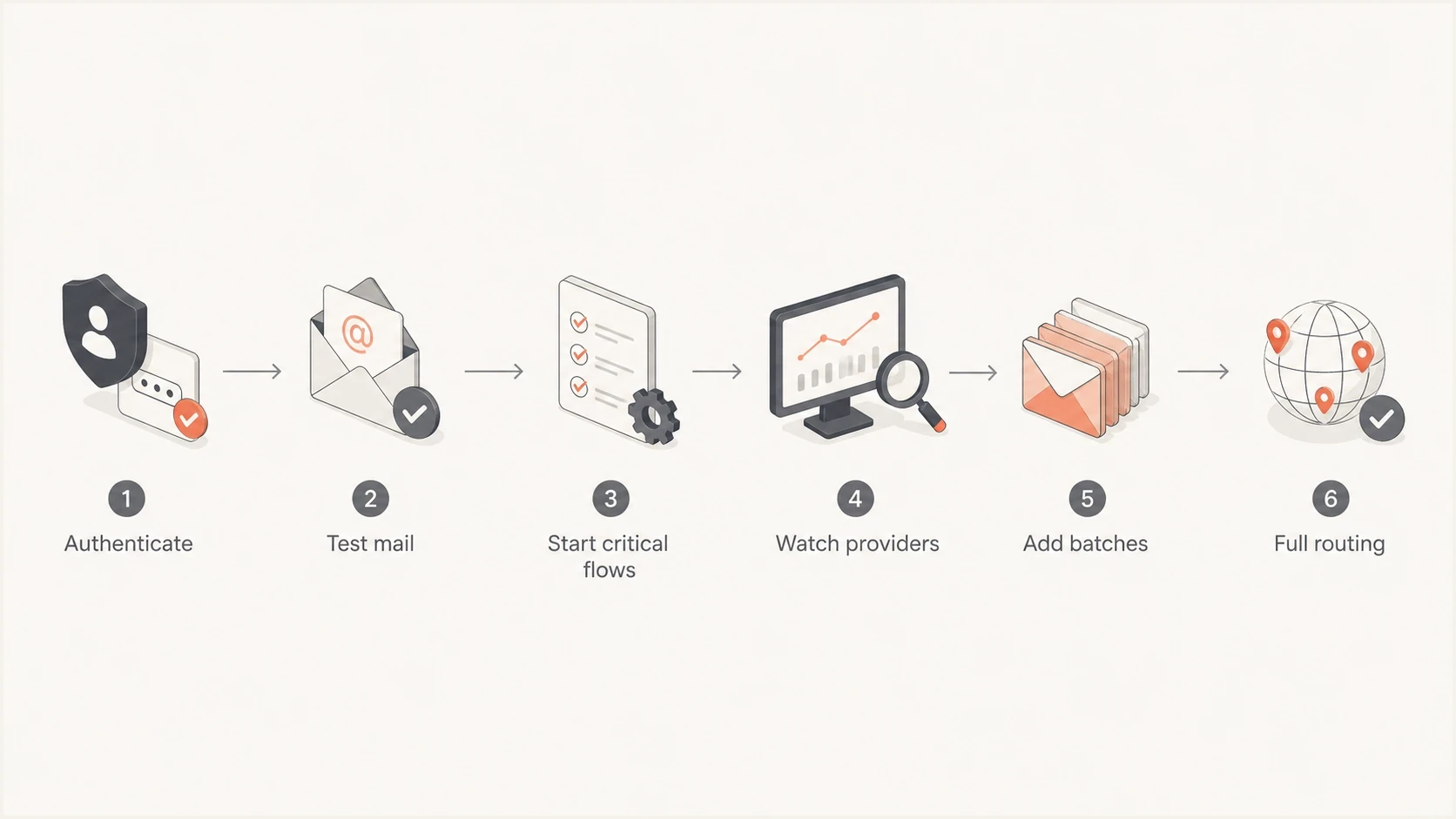 Transactional email IP warmup flowchart from authentication through full routing.
