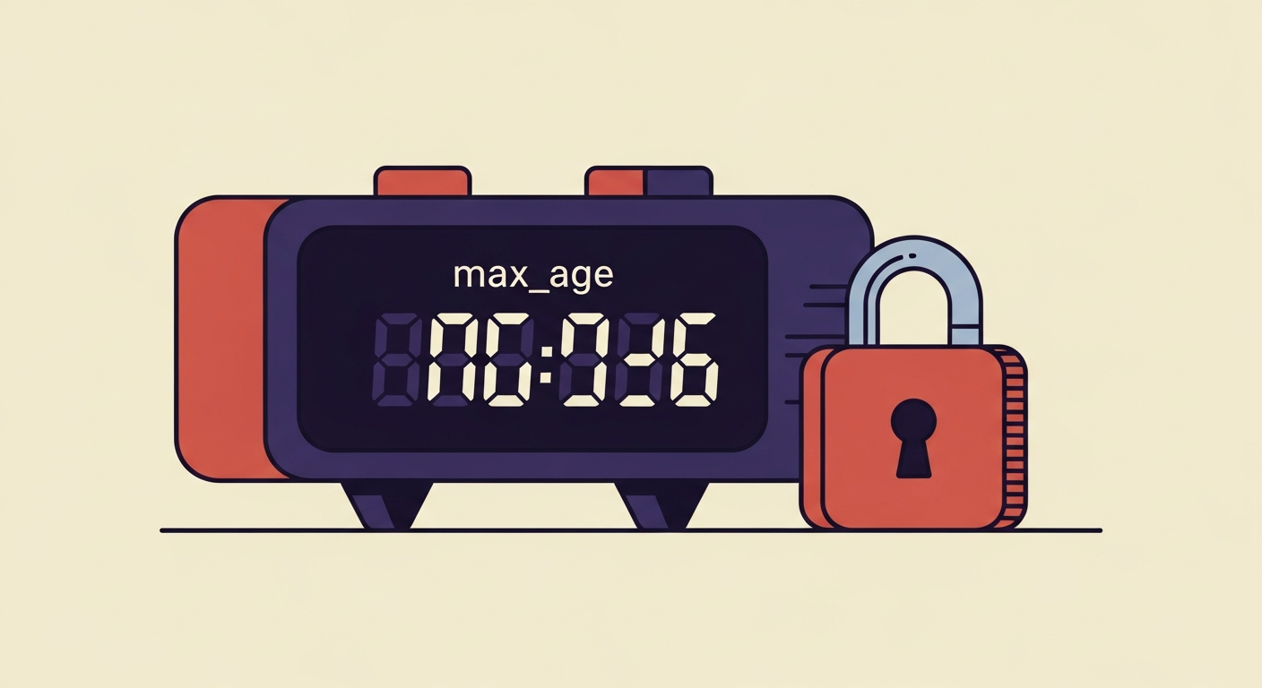 Digital timer showing 'max_age' countdown with a padlock for email security