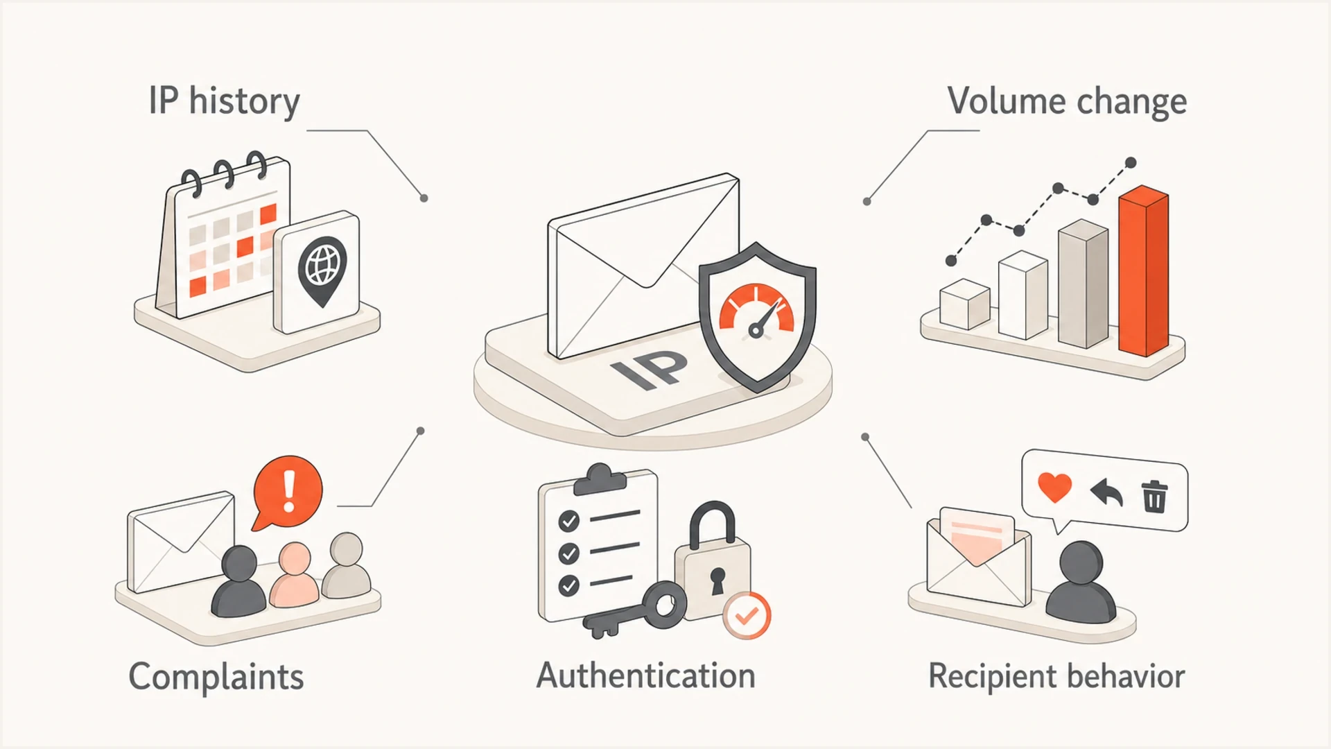 Microsoft IP reputation throttling signals including IP history, volume changes, complaints, authentication, and recipient behavior.