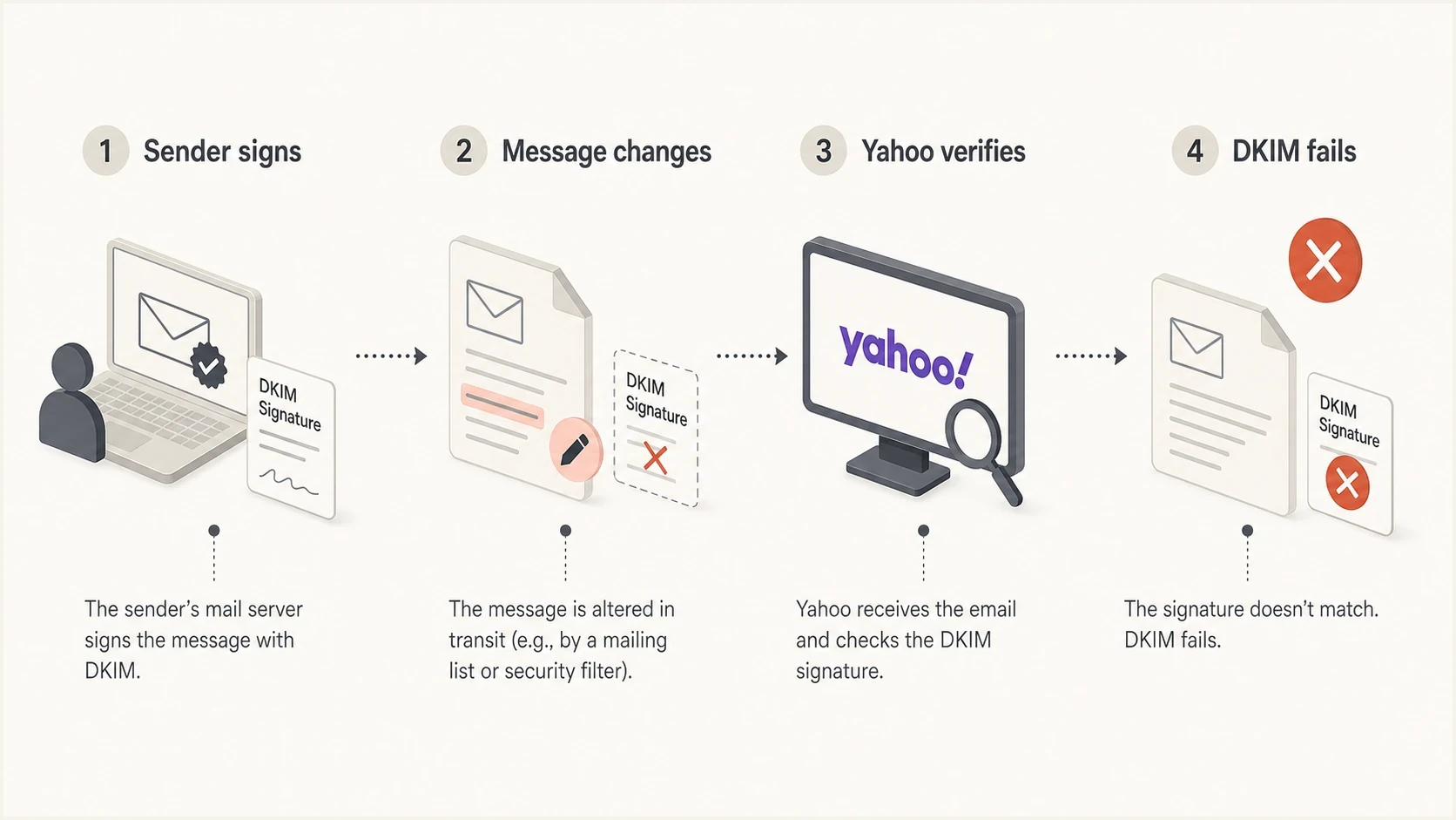Infographic showing a DKIM signature passing through message changes before Yahoo verifies it.
