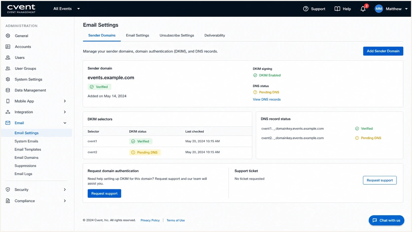 Cvent email settings screen showing DKIM setup fields.