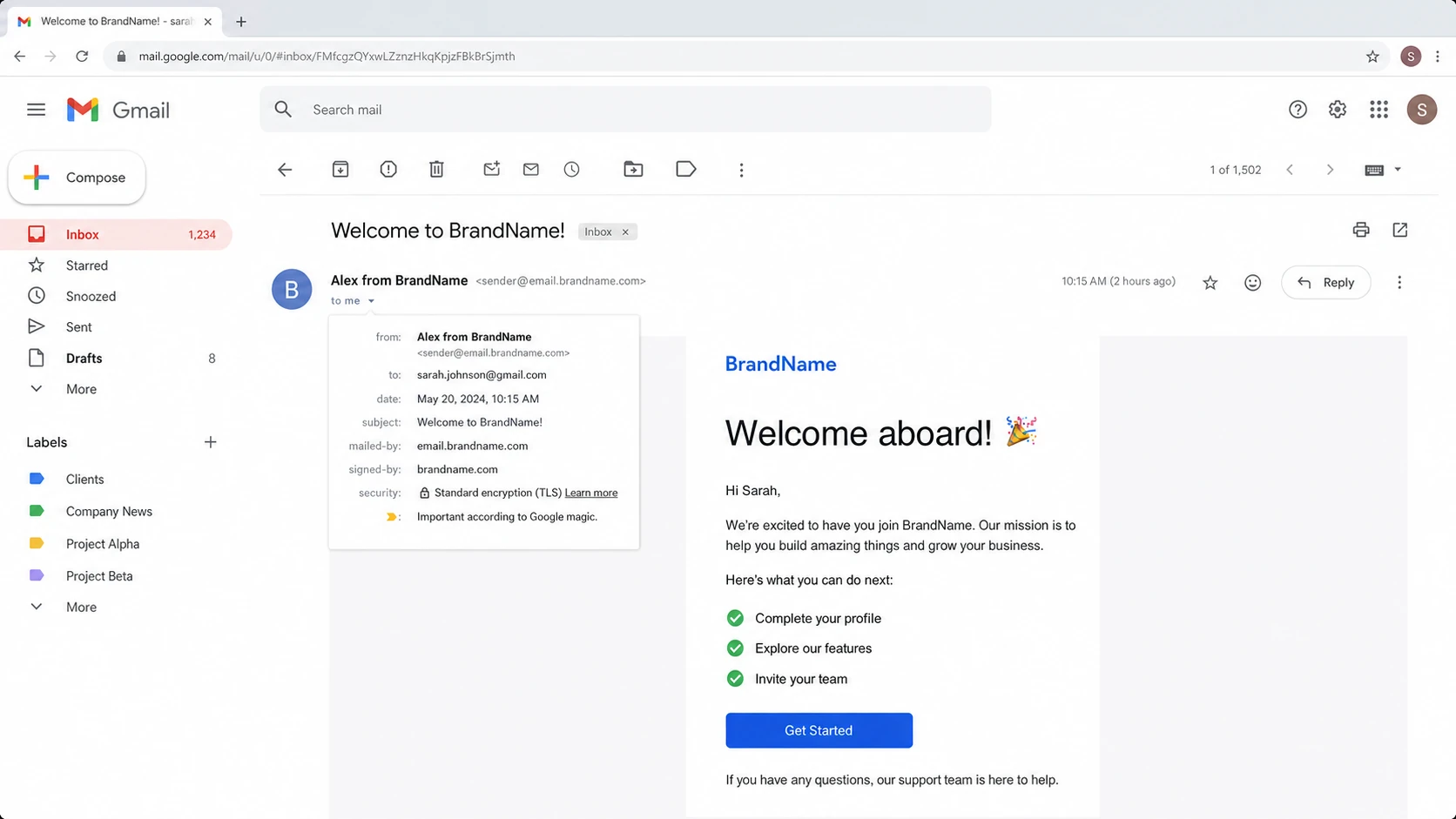 A Gmail message header showing where the friendly sender name and sender email address appear.