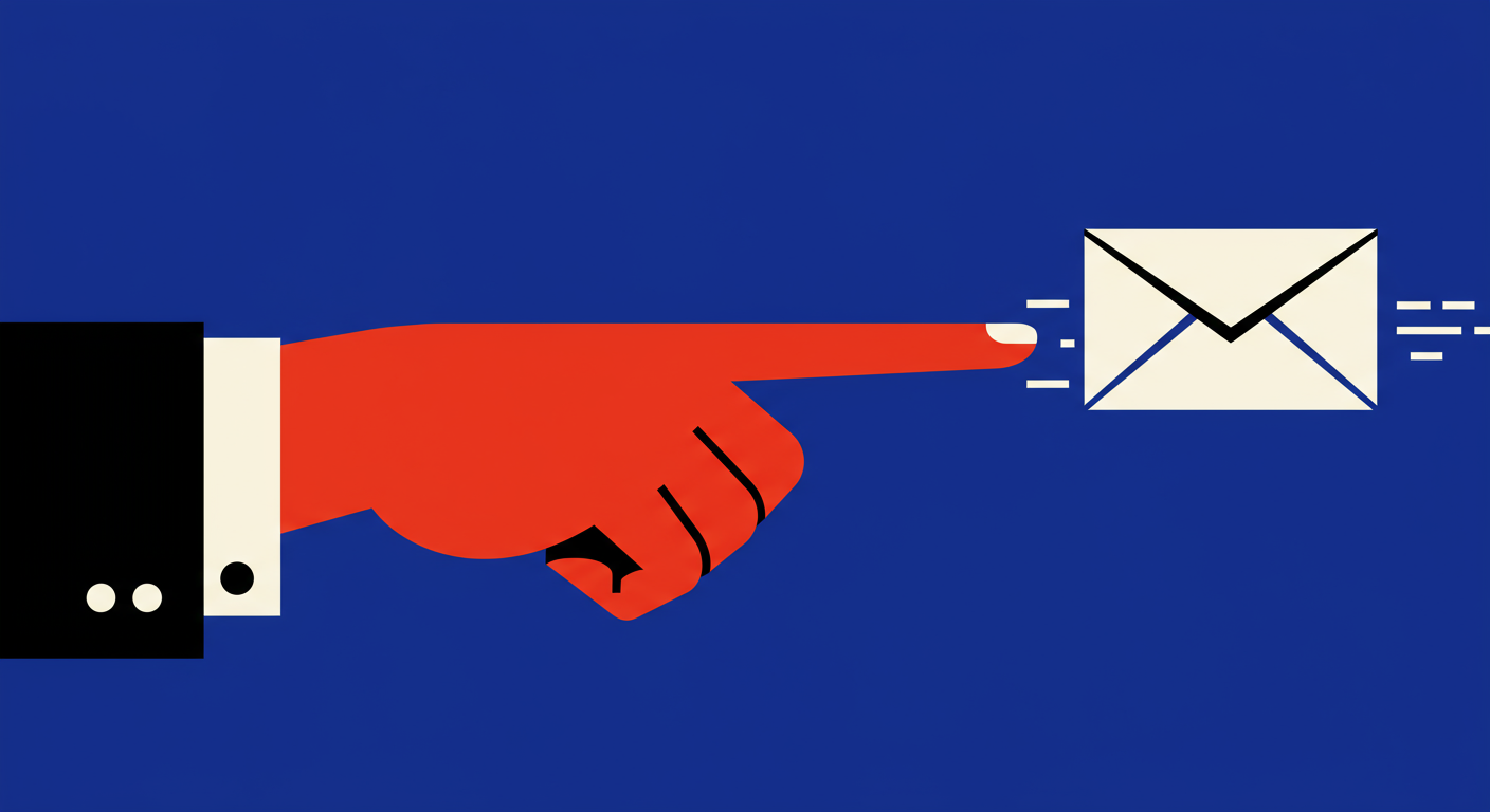 Illustration of a person pointing an accusatory finger at an envelope.