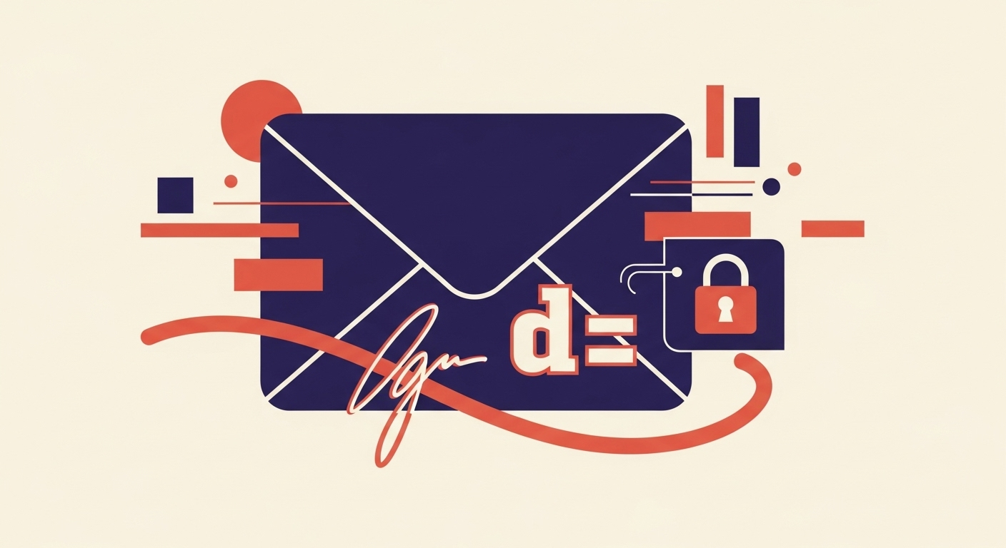 Abstract illustration of an email with a highlighted 'd=' tag indicating the signing domain