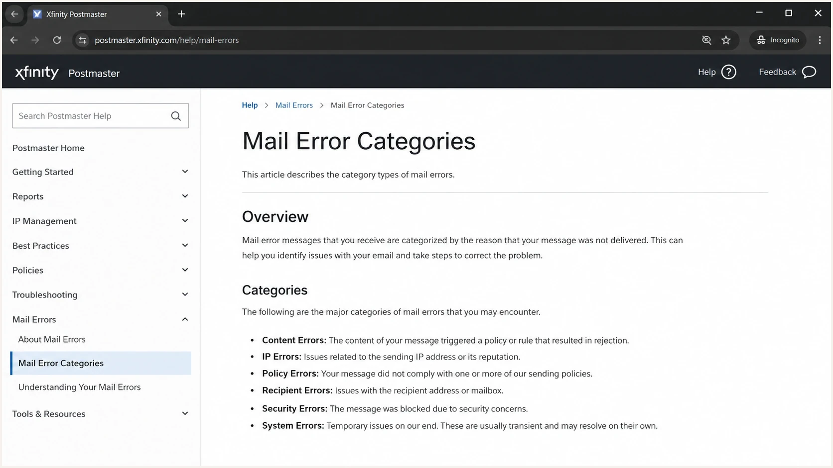 Xfinity Customer Security Assurance Postmaster page with Comcast mail-error guidance.