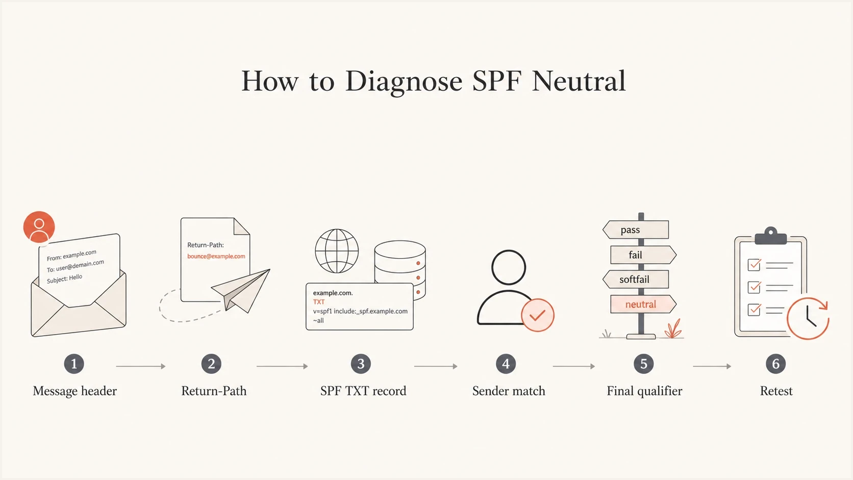 Flowchart showing how to diagnose SPF neutral from message headers to retesting.
