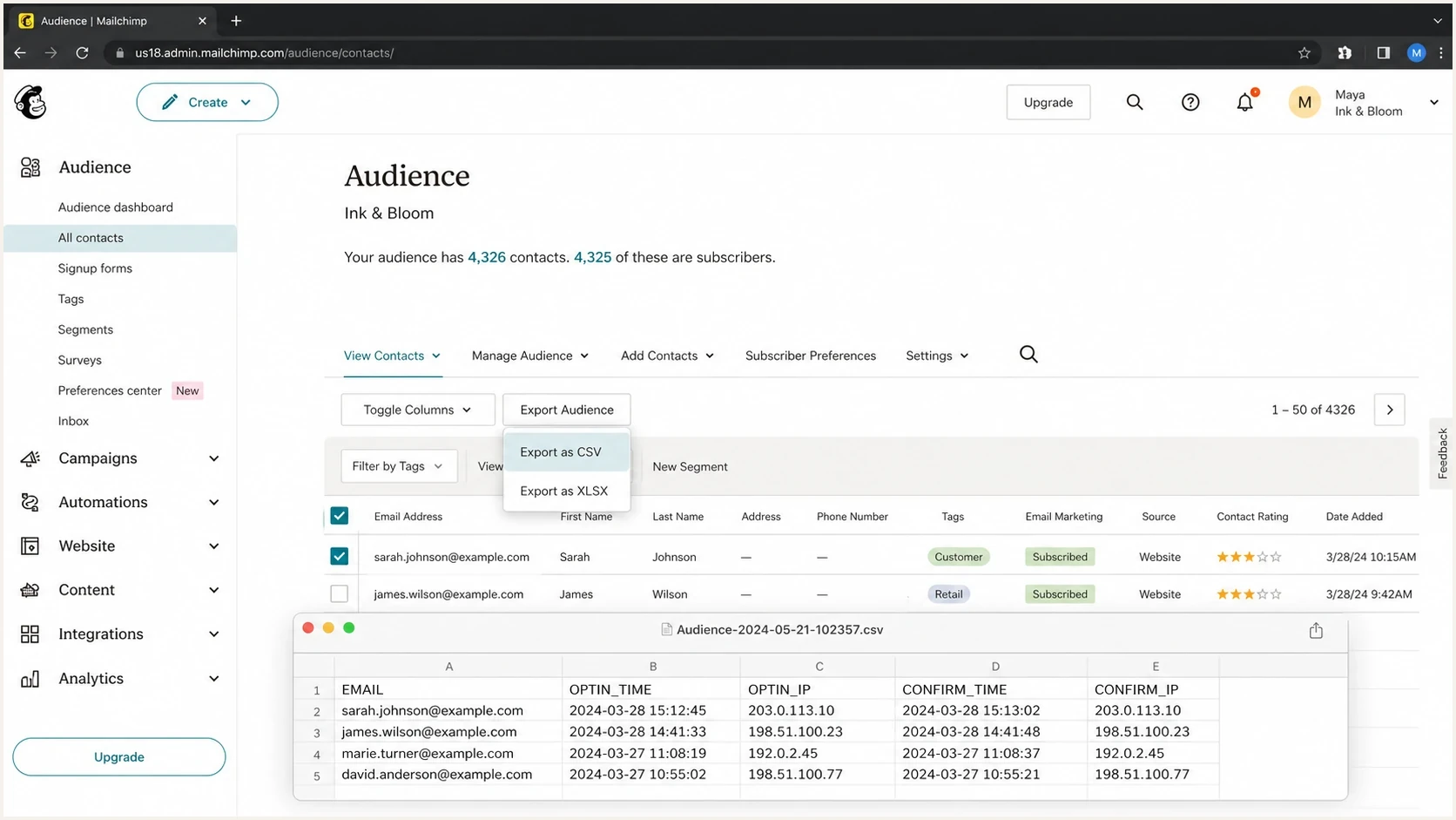 Mailchimp audience export workflow showing signup IP fields in a CSV preview.