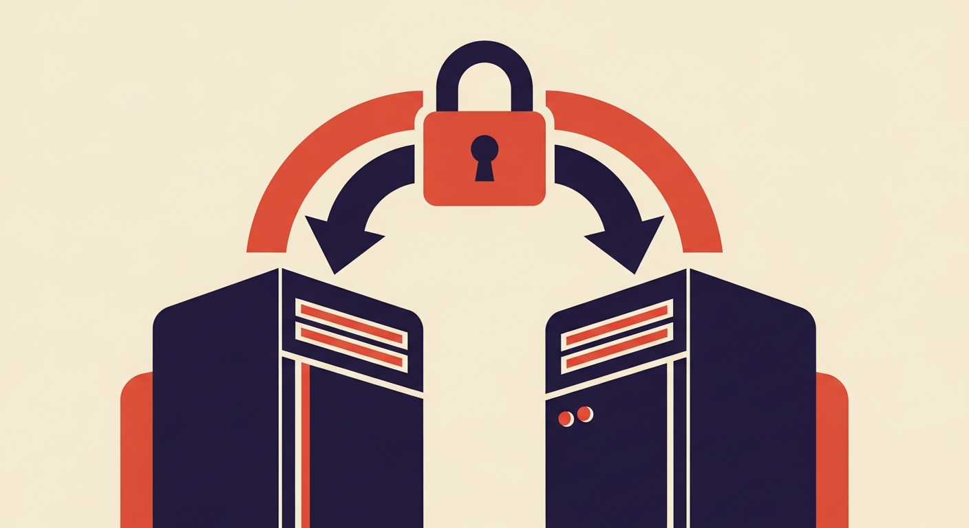 Two abstract servers with a secure connection, representing MTA-STS for both inbound and outbound email.