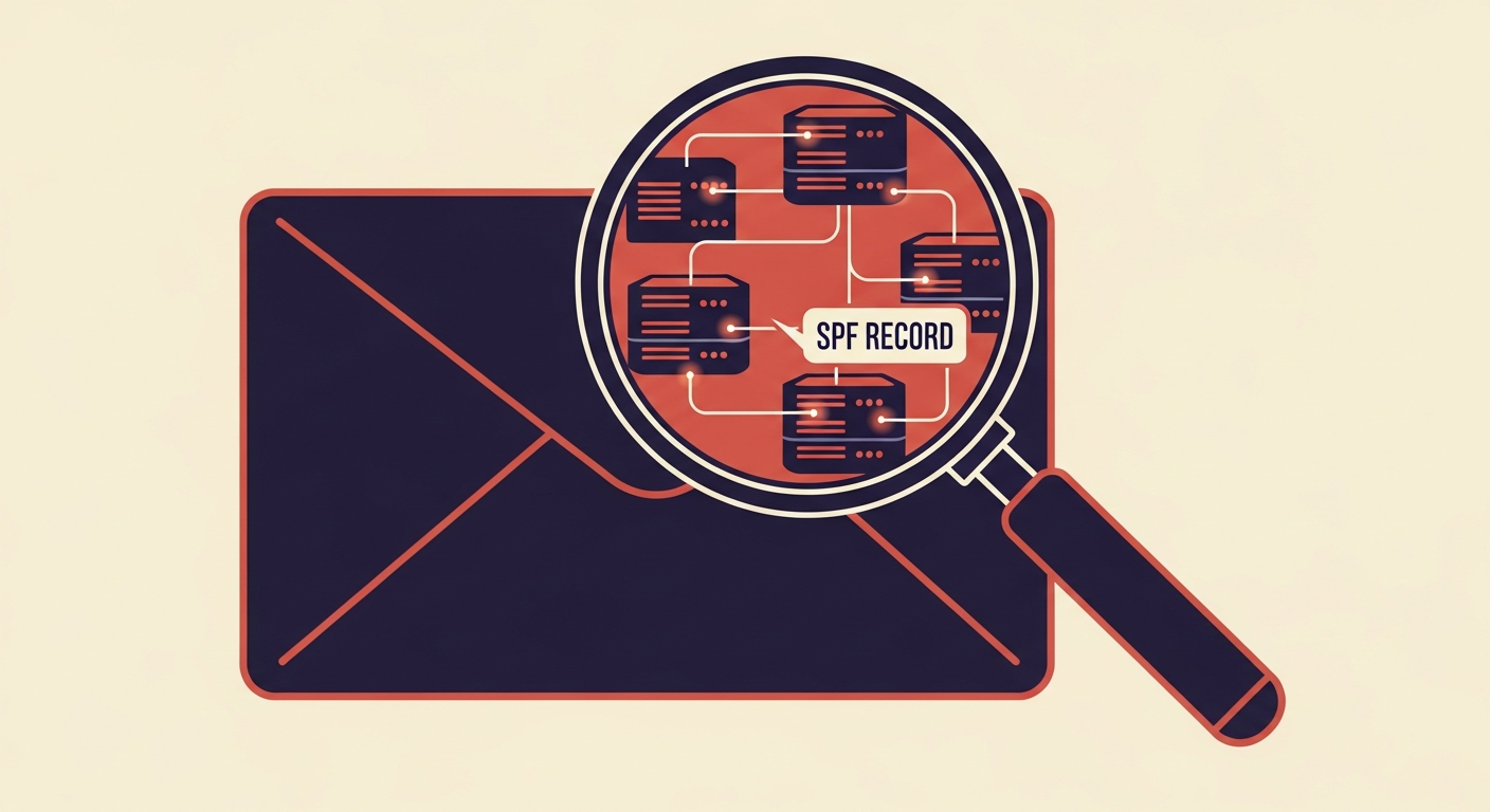 An illustration of a magnifying glass inspecting an email envelope, symbolizing SPF record checks.