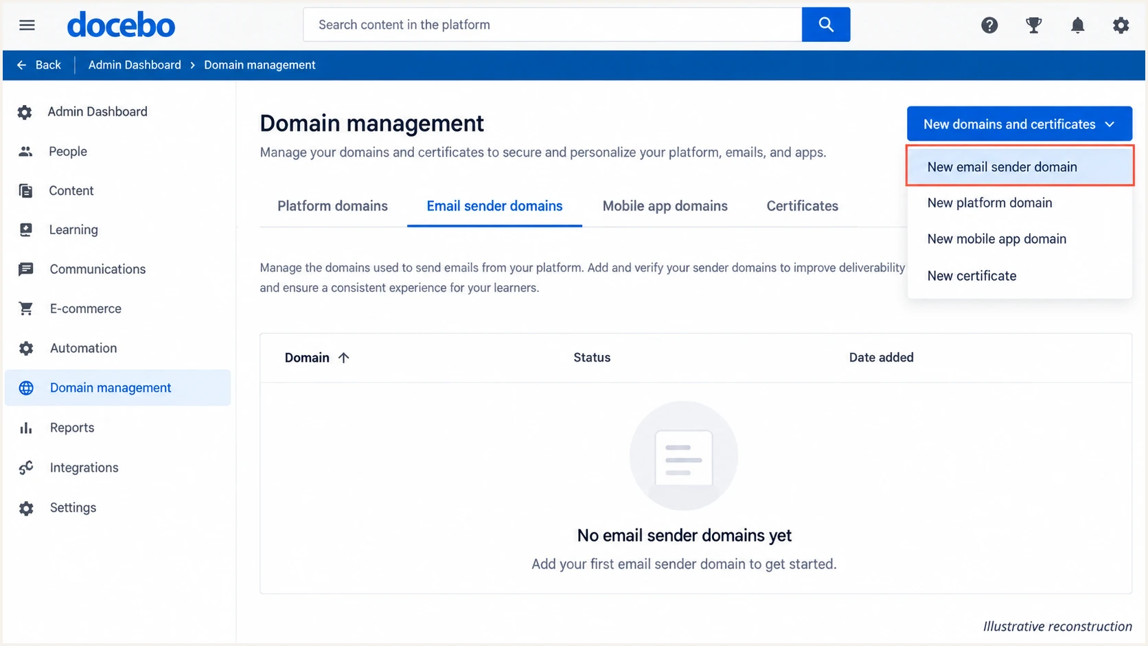 Illustrative Docebo screen showing where to add an email sender domain.
