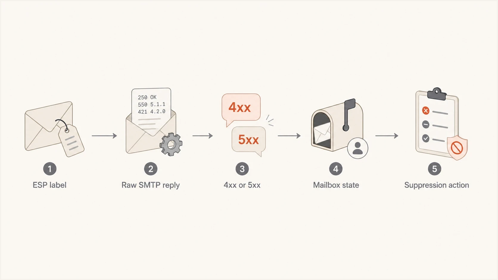 Flowchart showing how to move from an ESP bounce label to the right suppression action.