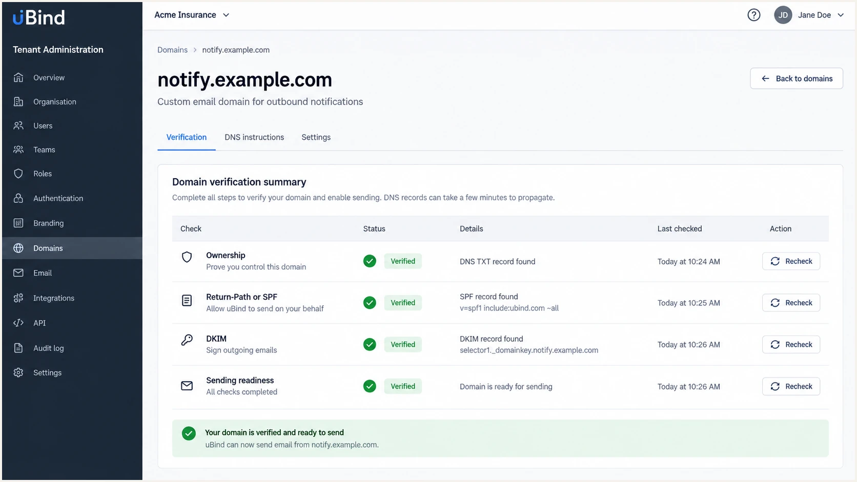 uBind email domain verification summary with authentication checks