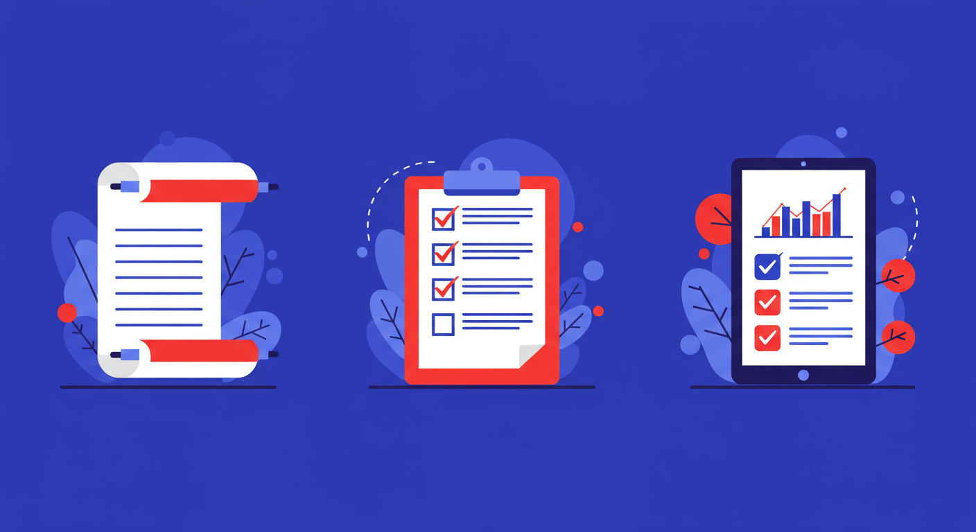 A minimalist retro illustration depicting the evolution of email blocklists, from a simple paper scroll to a modern digital tablet.