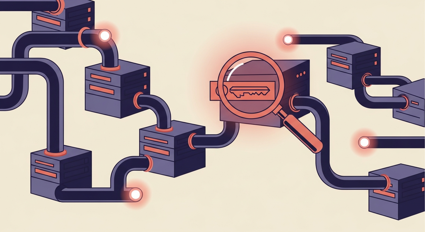 Abstract illustration of a secure, interconnected chain of email servers, highlighting ARC's role in maintaining email authenticity.