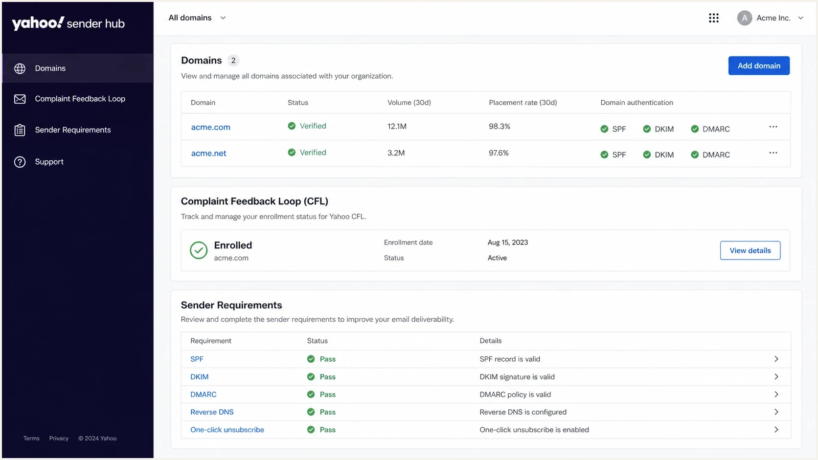 Yahoo Sender Hub domain verification and complaint feedback loop dashboard.
