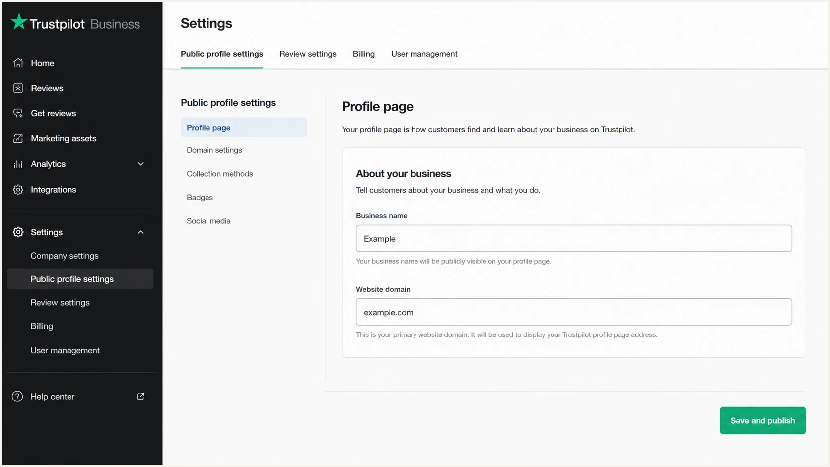 Trustpilot Business profile page with the website domain field
