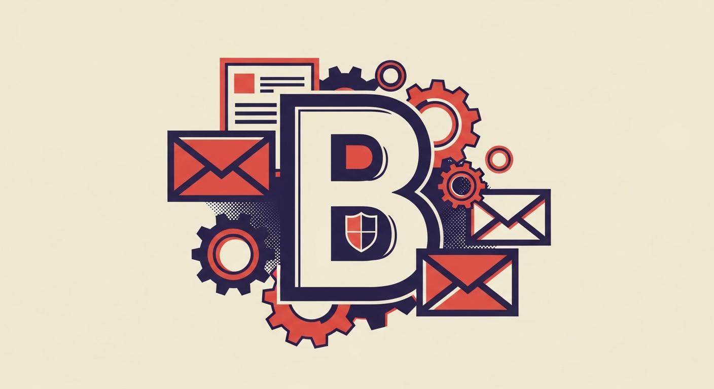 Stylized letter B for BIMI, surrounded by email security symbols