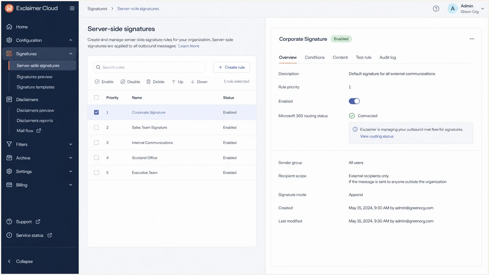 Exclaimer Cloud signature rule screen showing routing and signature settings.